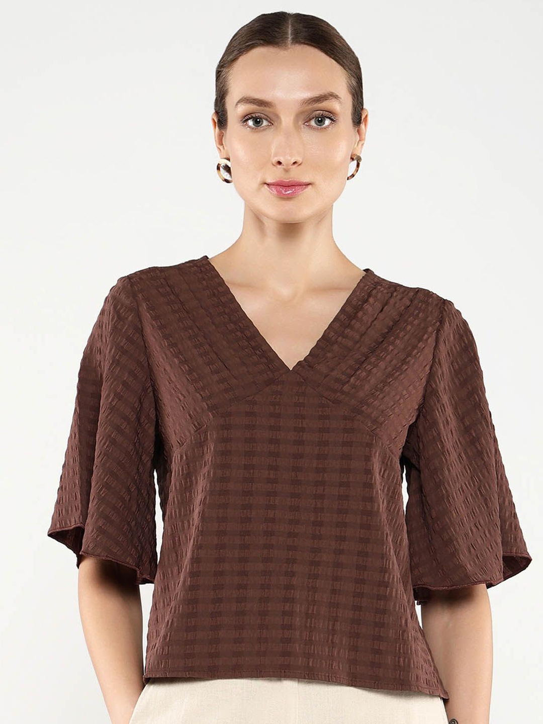 

RAREISM Solid Self Design V-Neck Top, Brown