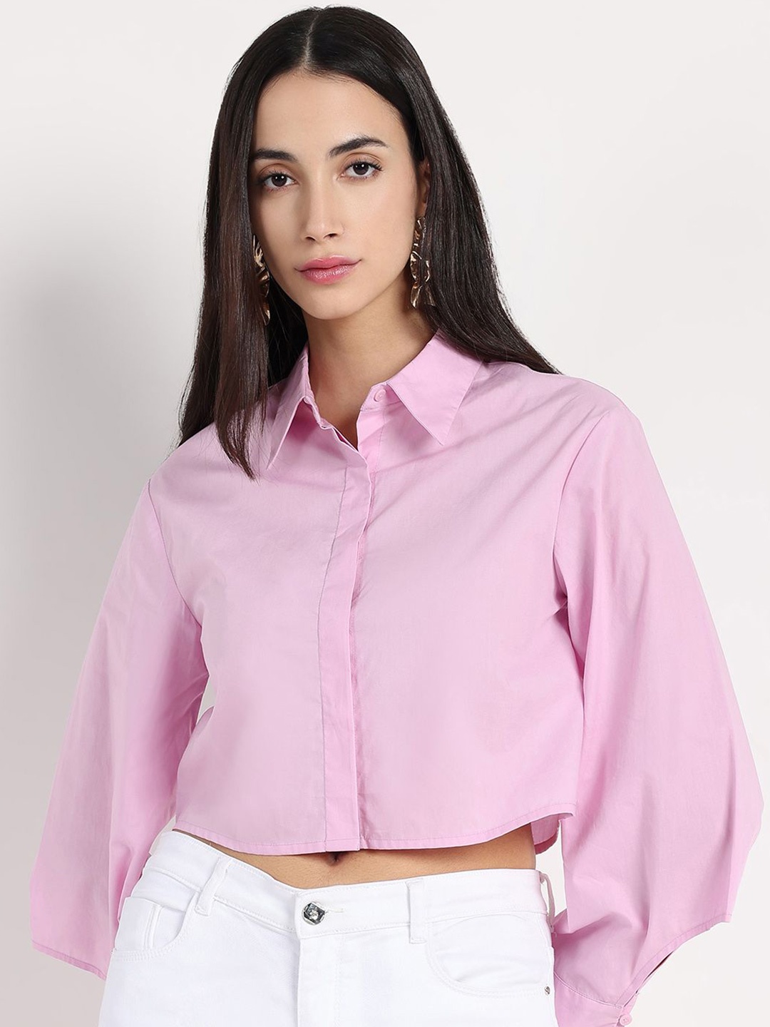 

RAREISM Solid Cotton Shirt Style Crop Top, Pink