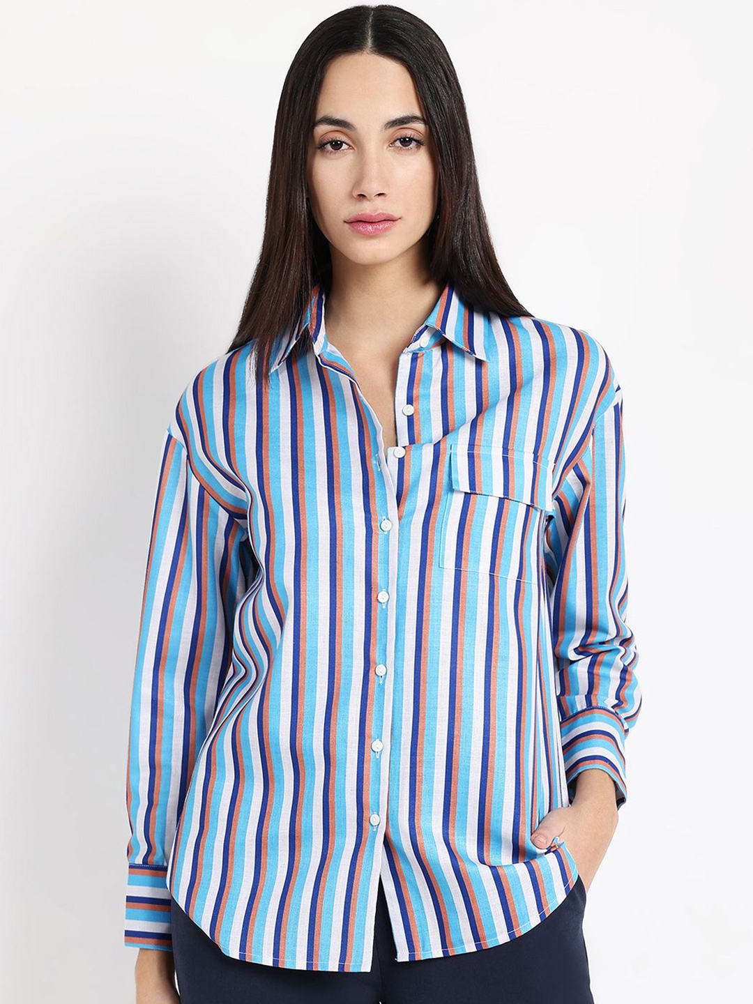 

RAREISM Women Striped Cotton Shirt Style Top, Blue