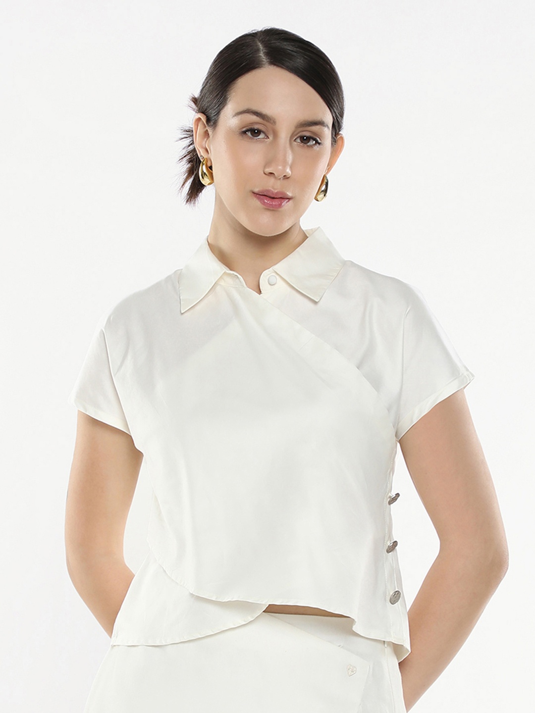 

RAREISM Solid Cotton Shirt Collar Top, Off white