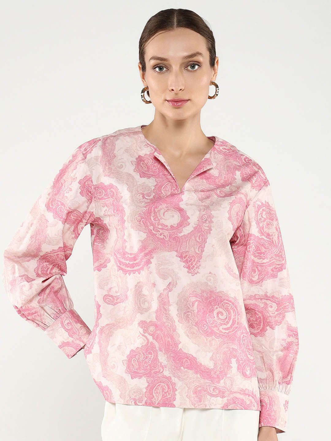 

RAREISM Ethnic Printed Round Neck Cotton Top, Pink