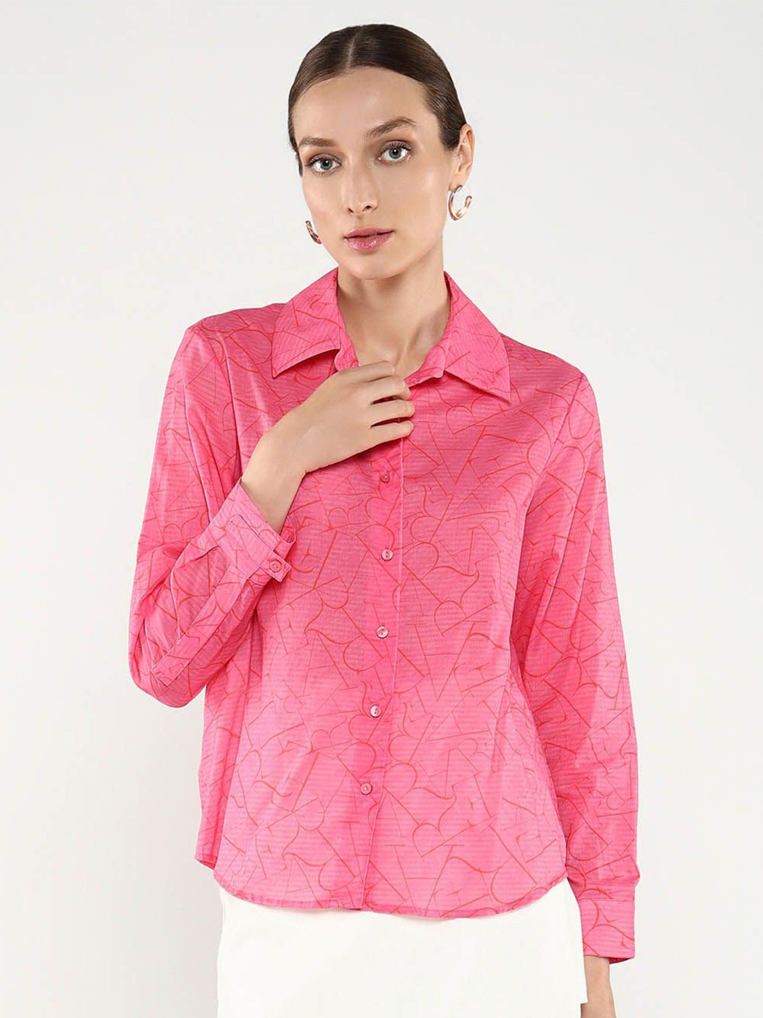 

RAREISM Abstract Printed Shirt Collar Cotton Top, Pink