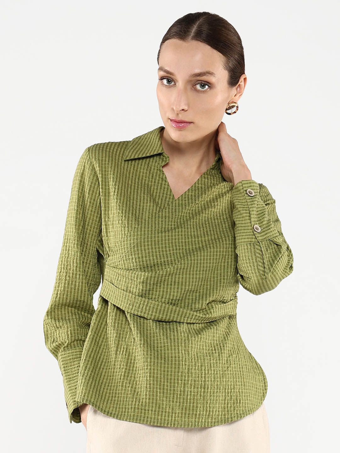 

RAREISM Solid Shirt Collar Checked Top, Olive