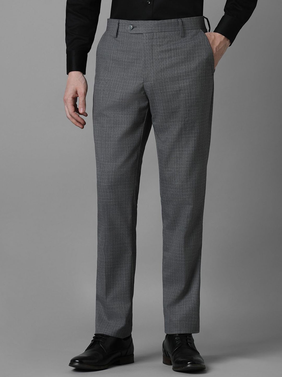 

Louis Philippe Men Textured Slim Fit Mid-Rise Flat Front Trousers, Grey