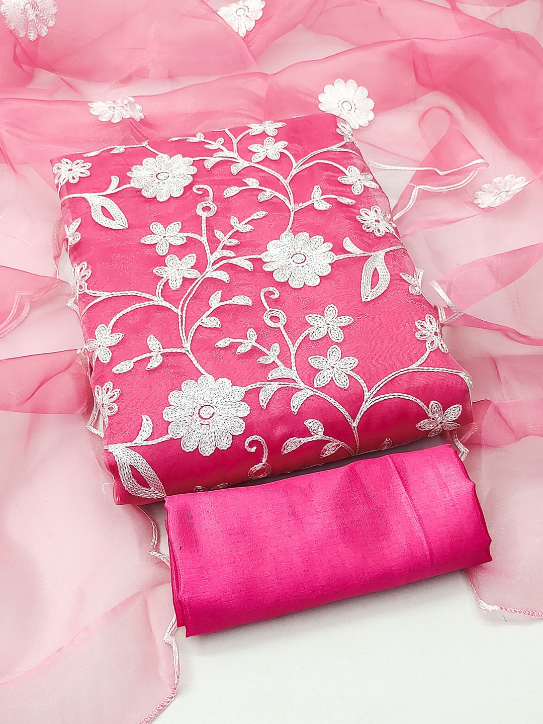 

KIMISHA Floral Embroidered Organza Unstitched Dress Material, Pink