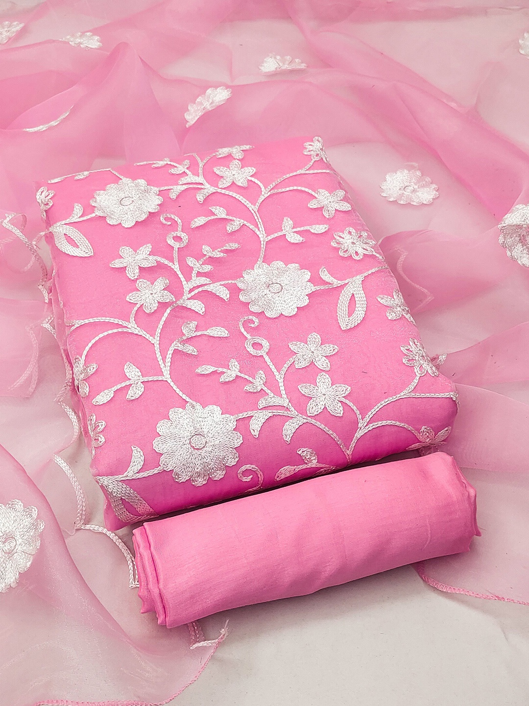

KIMISHA Floral Embroidered Thread Work Organza Unstitched Dress Material, Pink