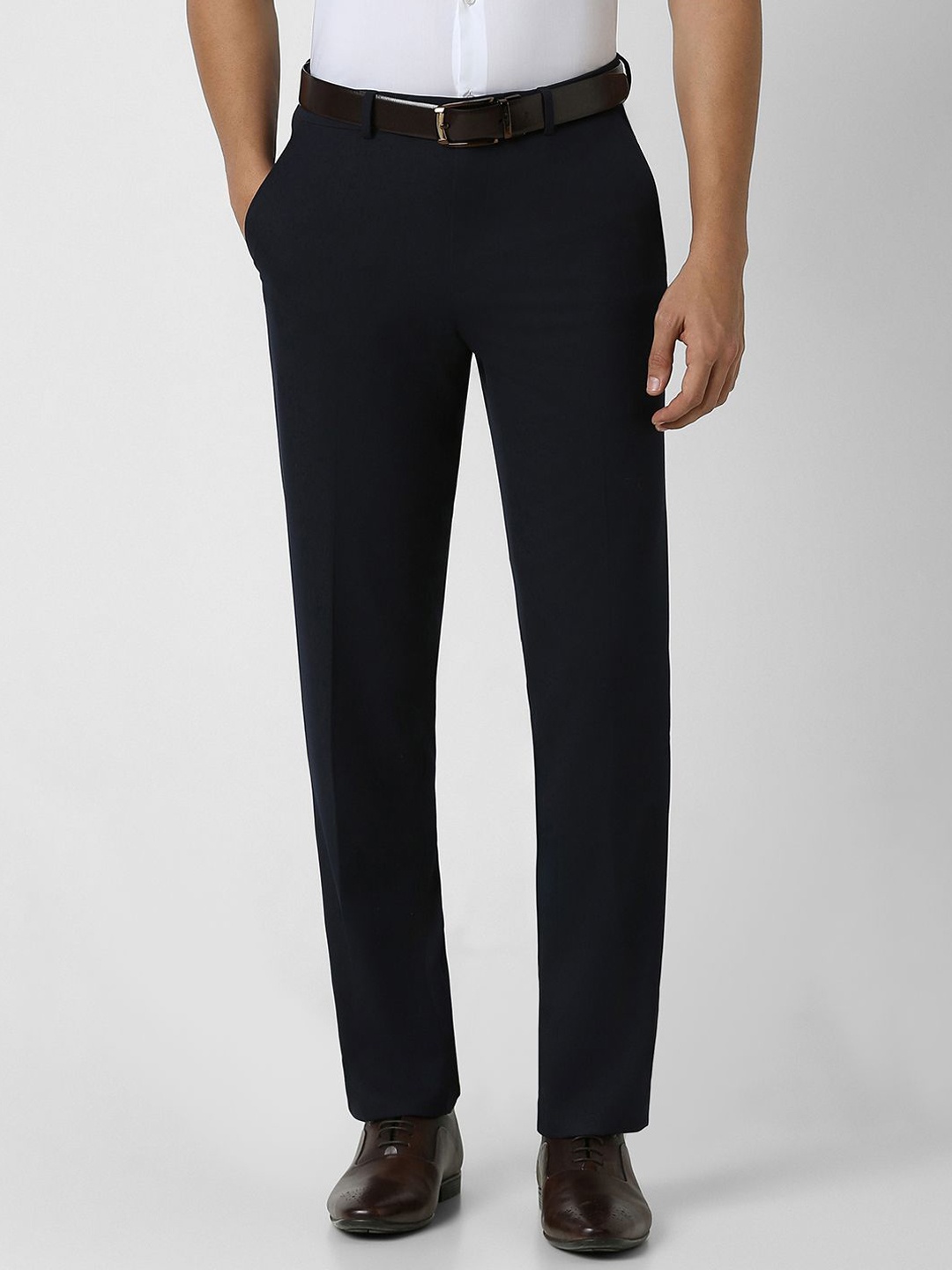 

Van Heusen Men Solid Slim Fit Mid-Rise Flat-Front Formal Trousers, Navy blue