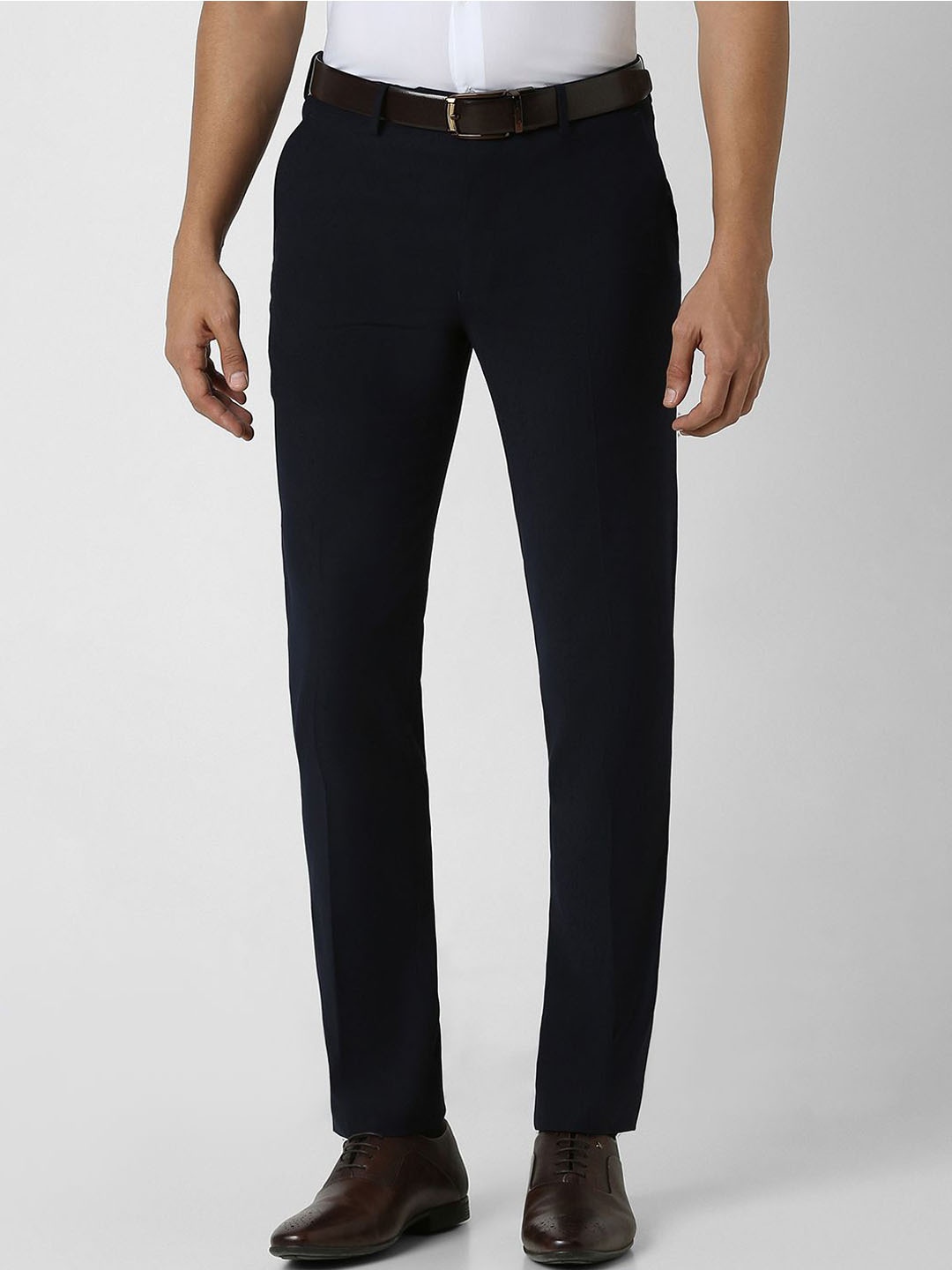 

Van Heusen Men Cotton Slim Fit Mid-Rise Flat-Front Formal Trousers, Navy blue