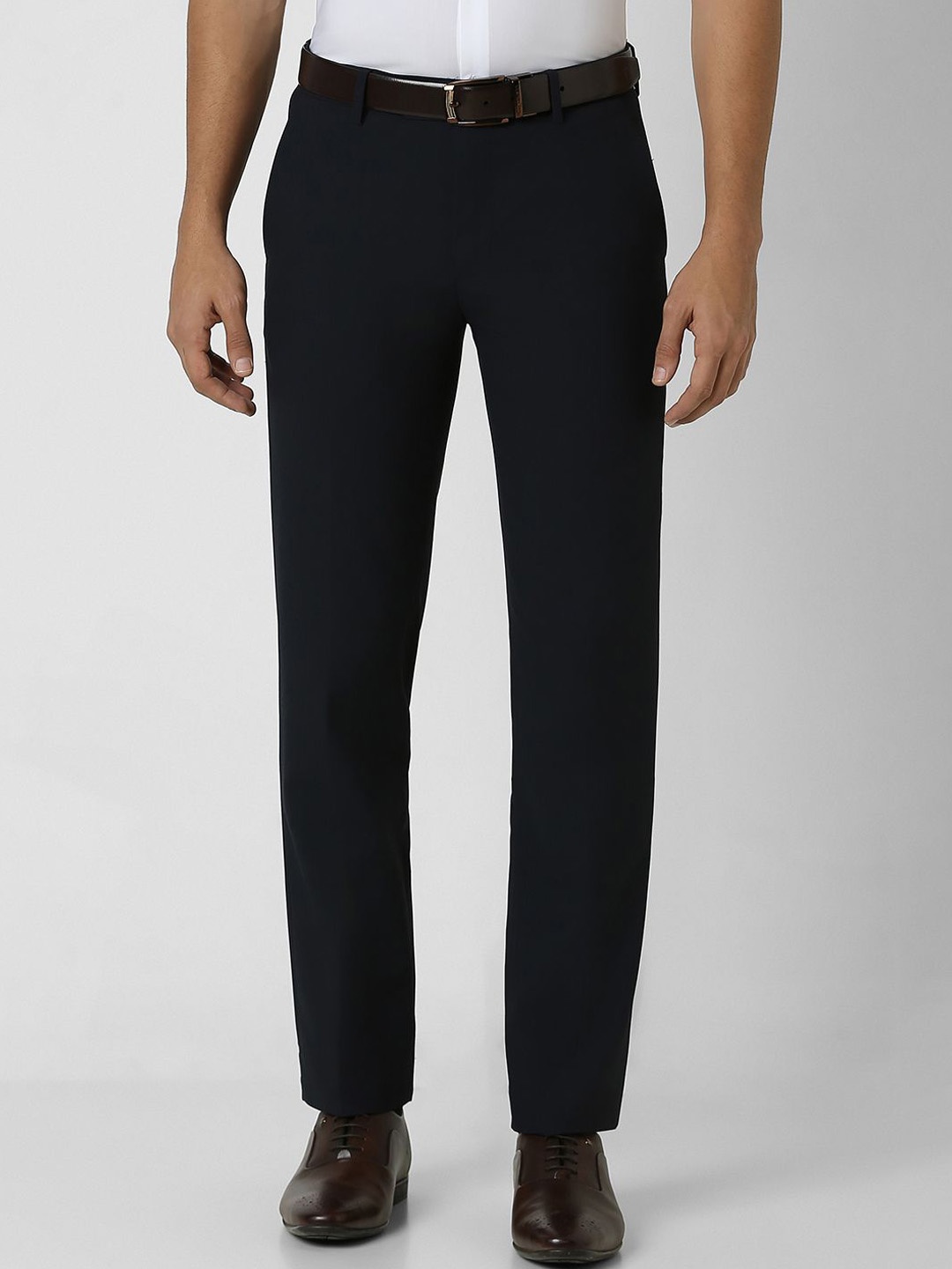 

Van Heusen Men Solid Mid Rise Slim Fit Formal Trousers, Navy blue