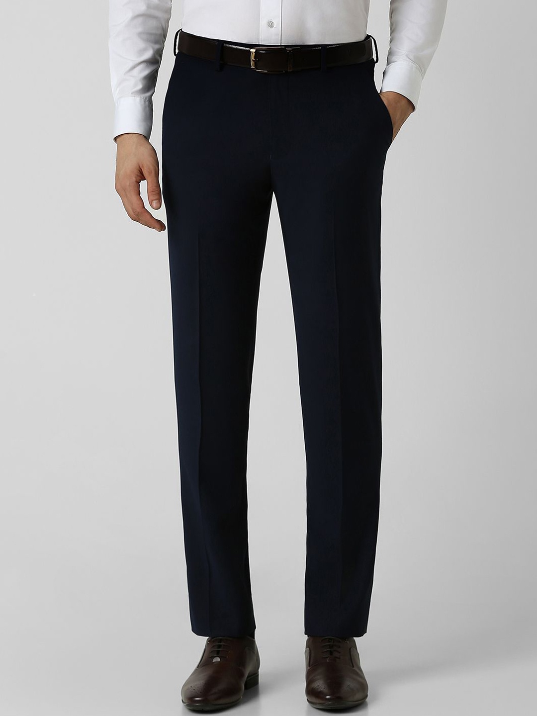 

Van Heusen Men Solid Slim Fit Mid-Rise Flat-Front Formal Trousers, Navy blue