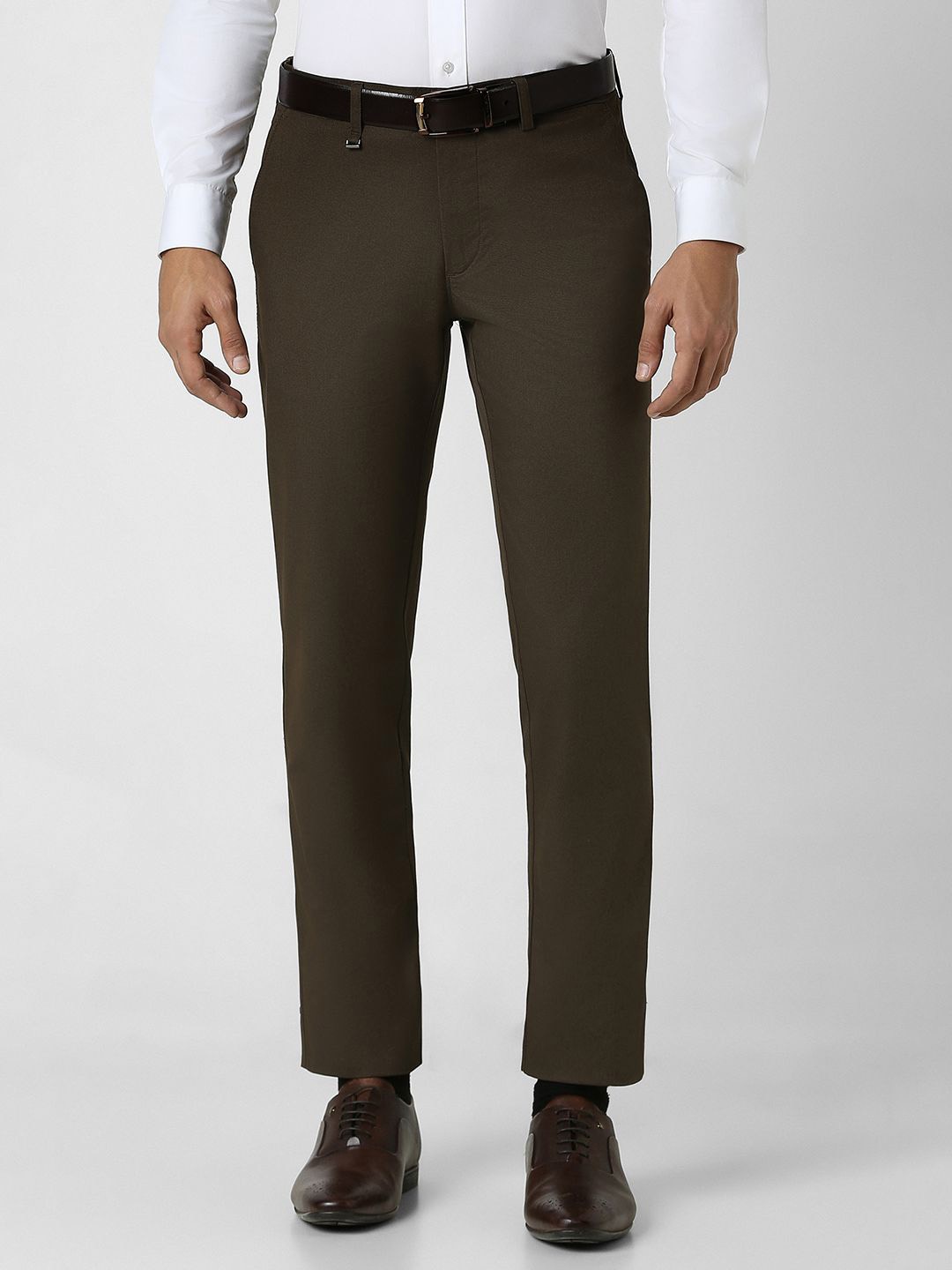

Van Heusen Men Textured Slim Fit Mid-Rise Flat-Front Formal Trousers, Brown