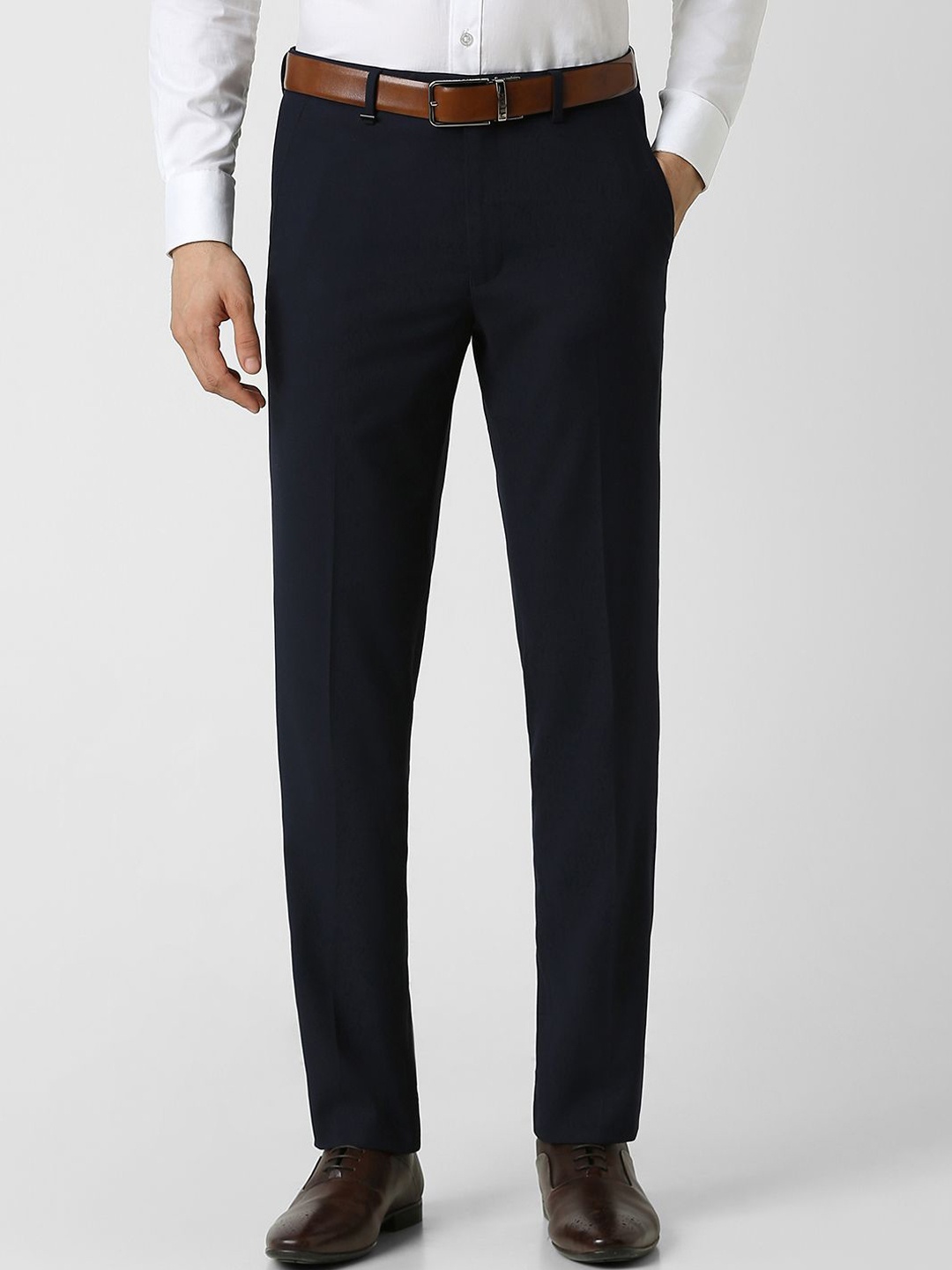 

Van Heusen Men Slim Fit Mid-Rise Flat-Front Trousers, Navy blue