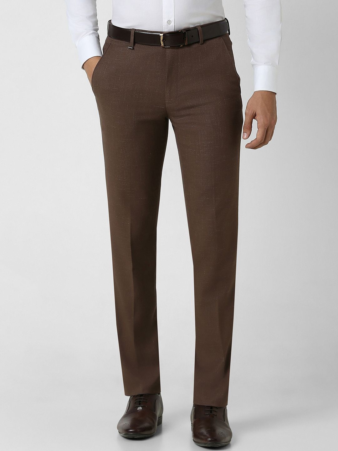 

Van Heusen Men Textured Slim Fit Mid-Rise Flat-Front Formal Trousers, Brown