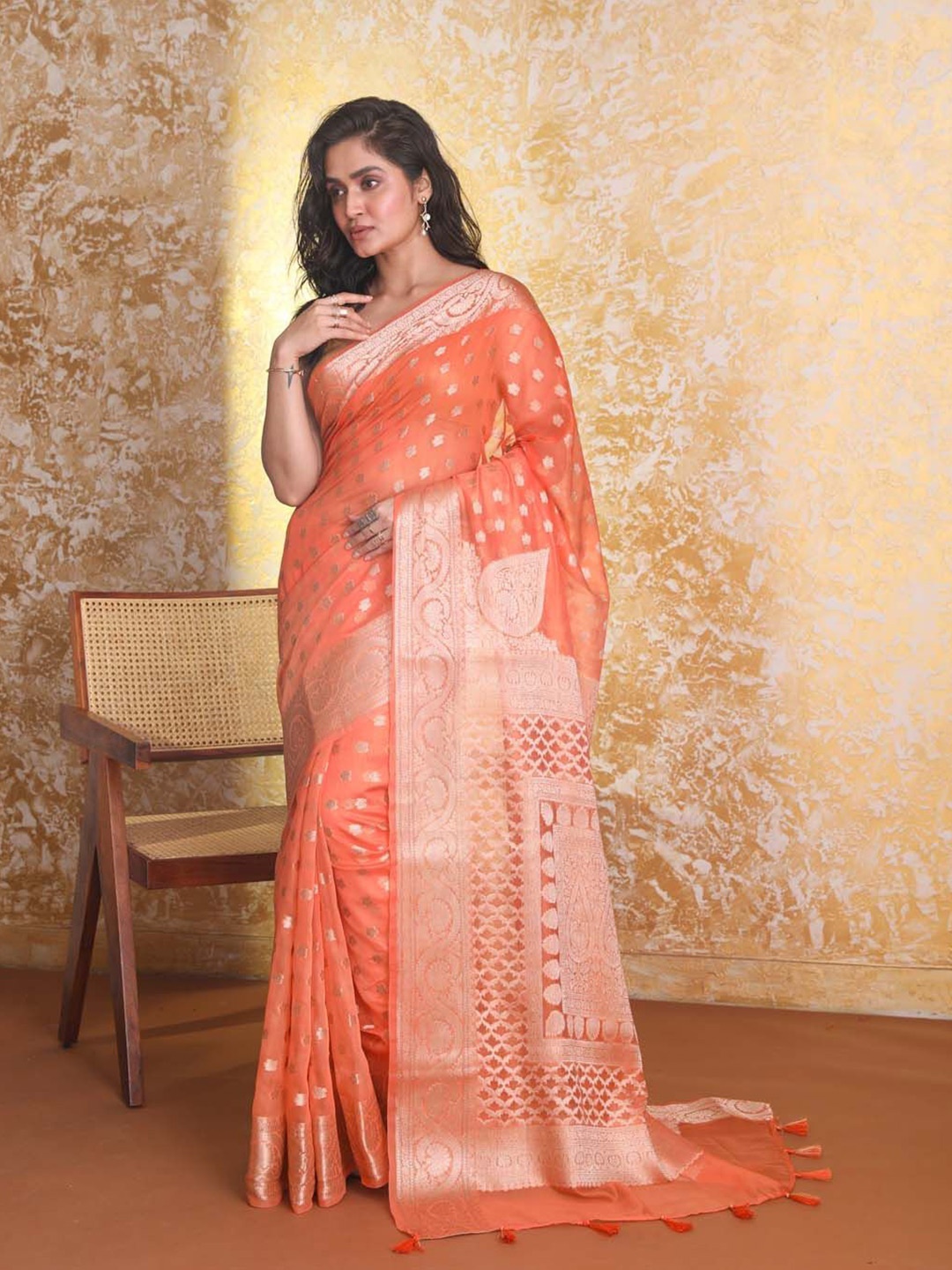 

Indethnic Banarasi Art Silk Woven Design Zari Traditional Saree, Orange