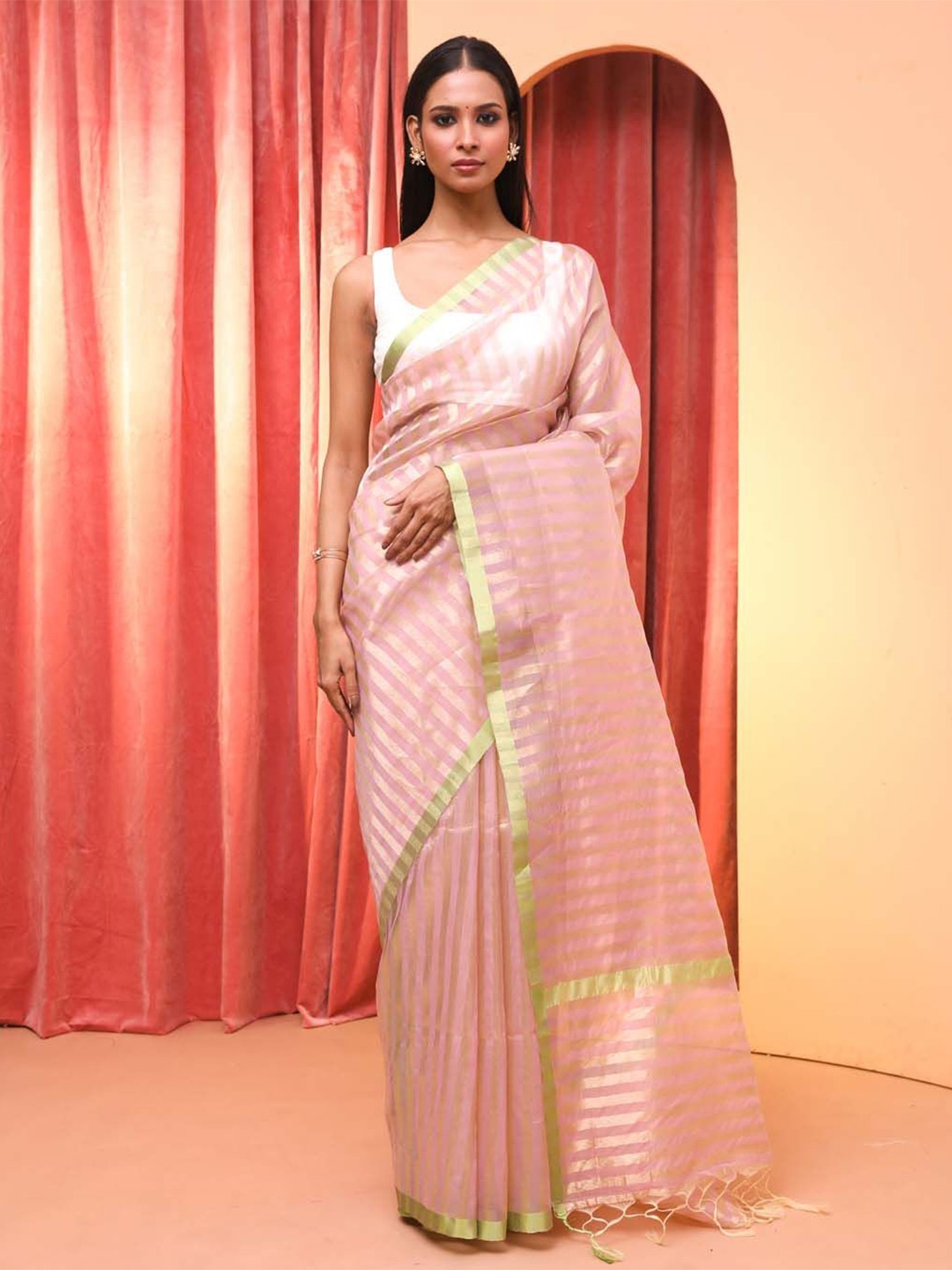 

Indethnic Striped Zari Woven Banarasi Saree, Peach