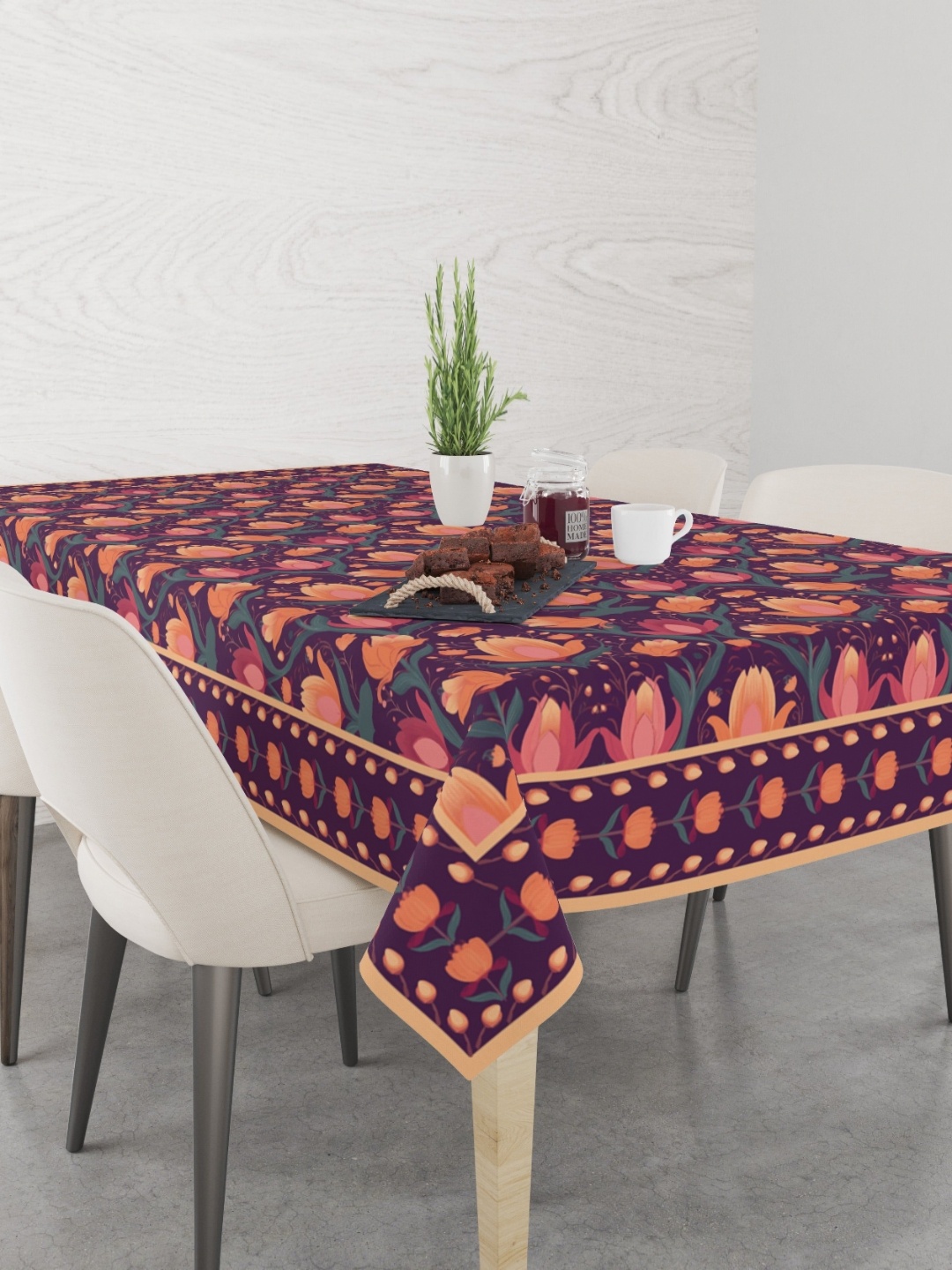 

Astitva Purple & Orange Floral Anti-Slip Cotton 6-Seater Table Cover