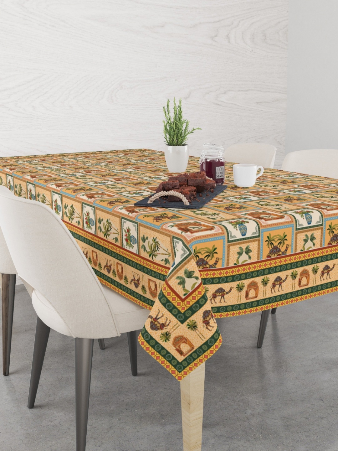 

Astitva Beige & Green Geometric Printed Anti-Slip Cotton 6-Seater Table Cover