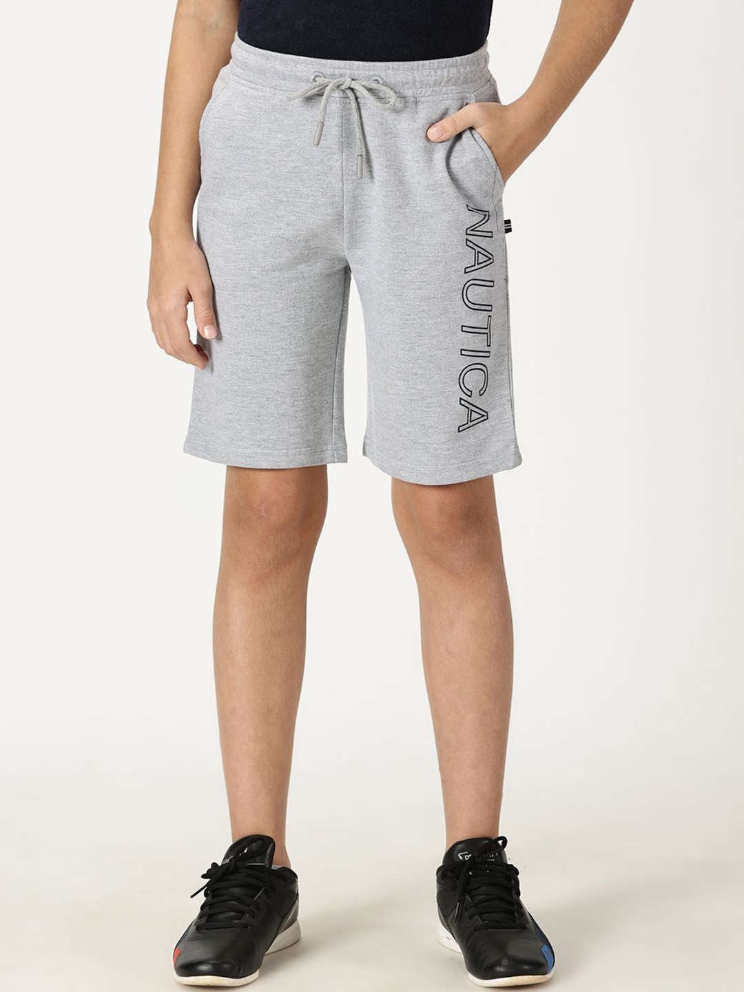 Nautica Boys Printed Cotton Mid-Rise Sports Shorts, Grey melange