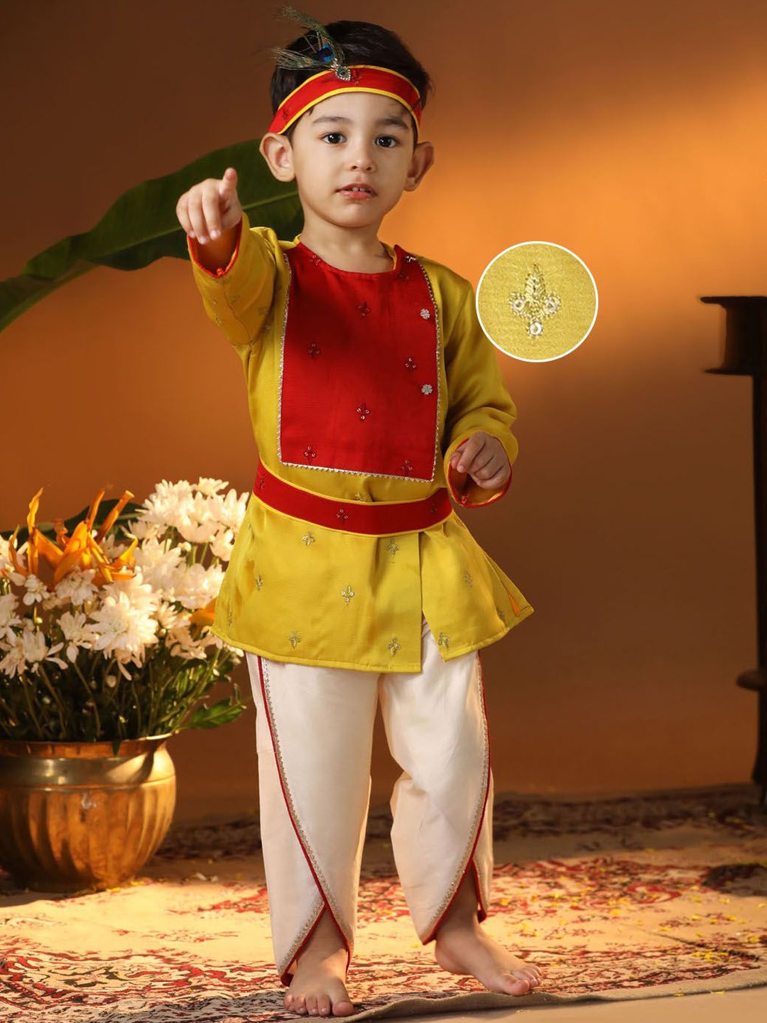 

VASTRAMAY Infants Floral Embroidered Sequinned Angrakha Straight Kurta With Dhoti Pants, Yellow