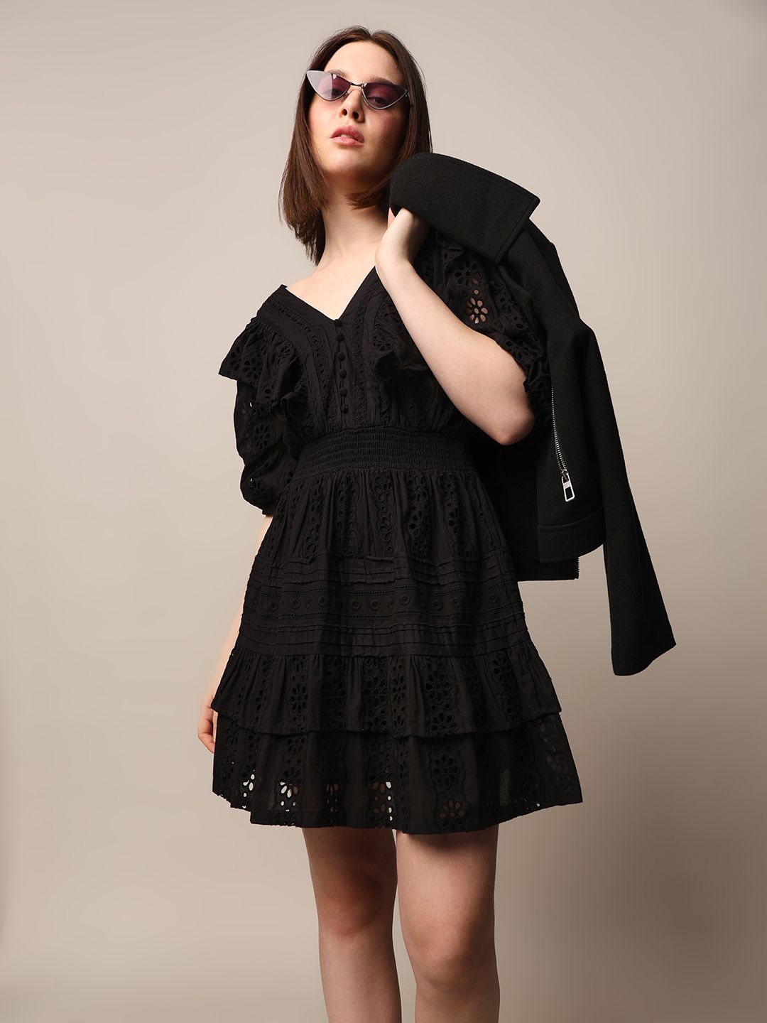 

ONLY Schiffli Embroidered Cotton Fit & Flare Dress, Black