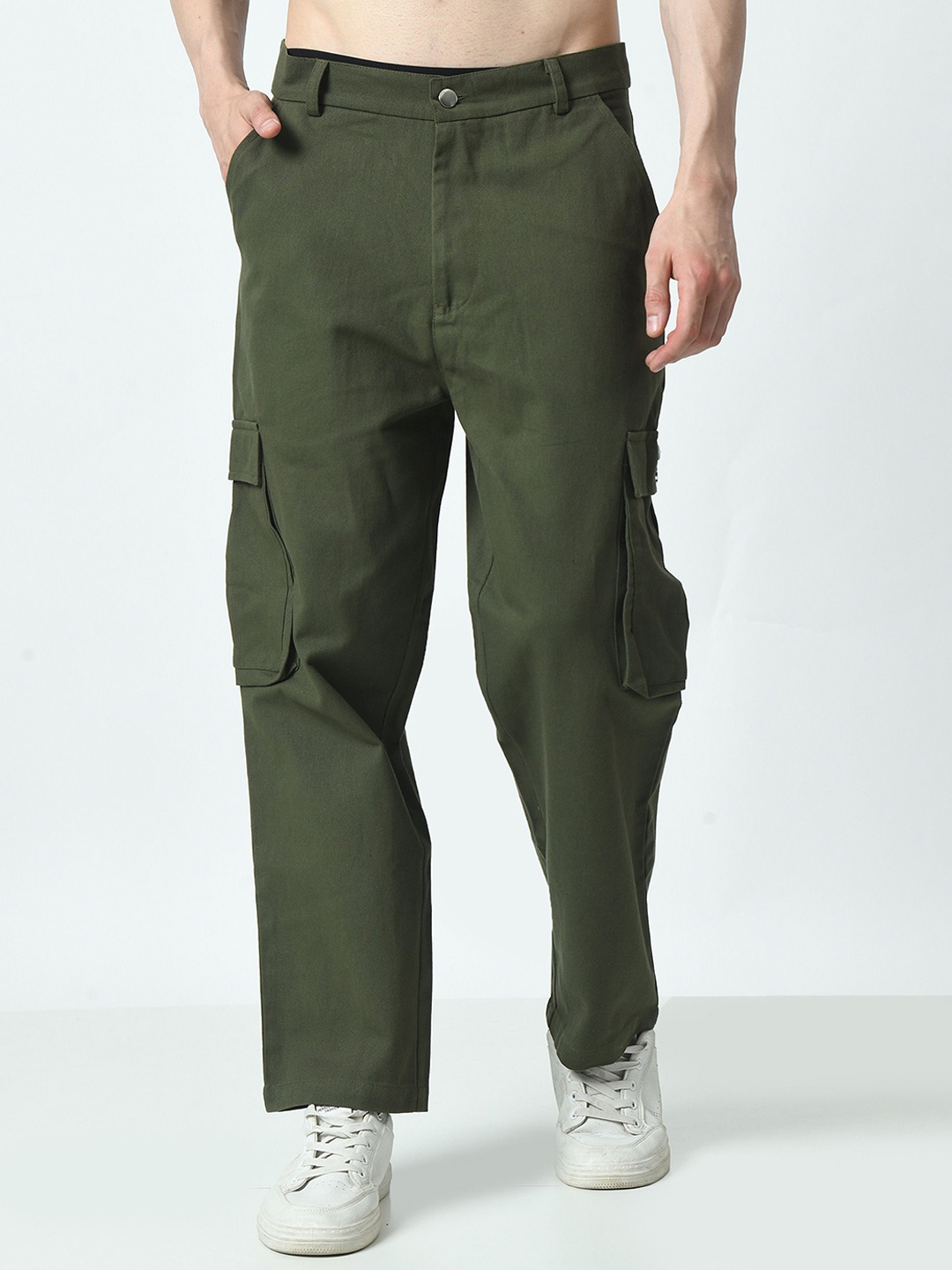 

EKSDEE Men Solid Mid Rise Relaxed Loose Fit Cargos Trousers, Olive
