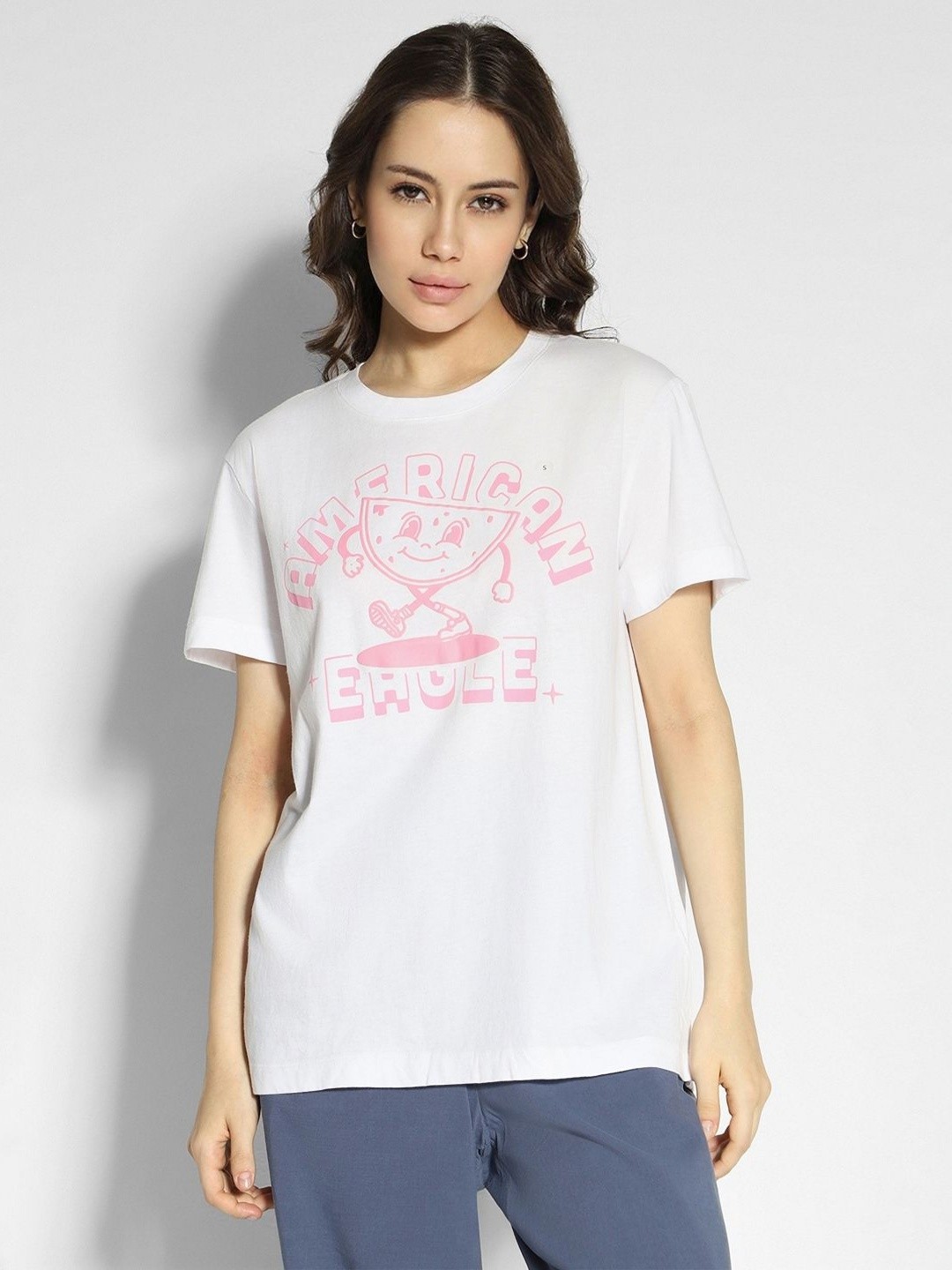 

AMERICAN EAGLE OUTFITTERS Women Printed Round Neck Cotton Tshirt, White