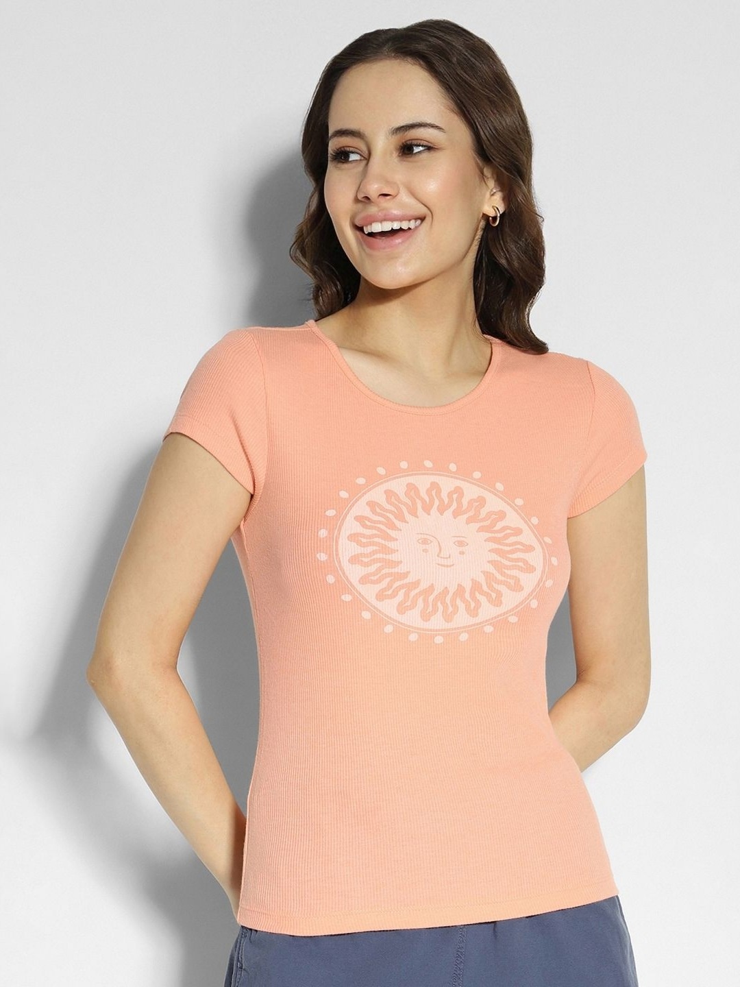 

AMERICAN EAGLE OUTFITTERS Women Printed Round Neck Cotton Tshirt, Peach