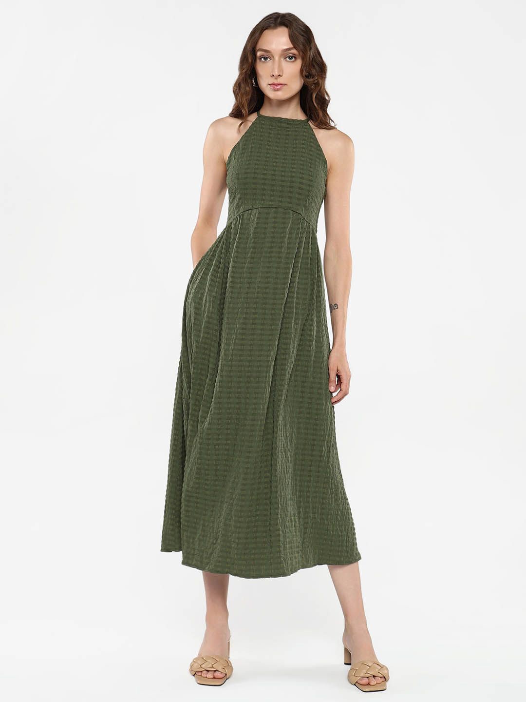 

RAREISM Striped A-Line Midi Dress, Olive