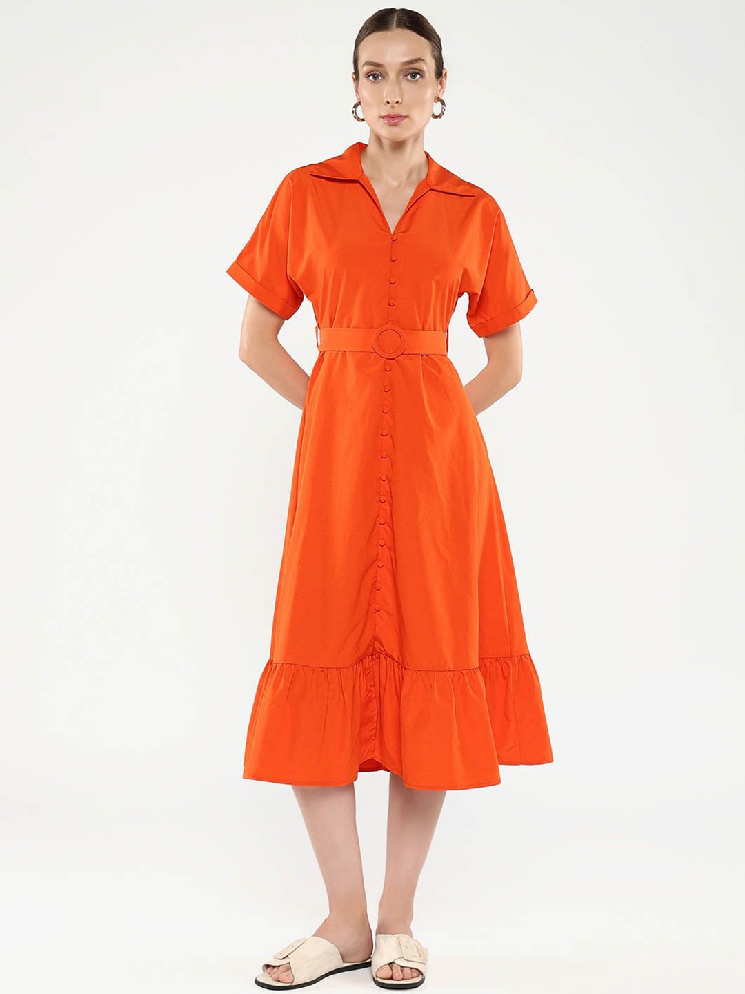 

RAREISM A-Line Midi Dress with Belt, Rust