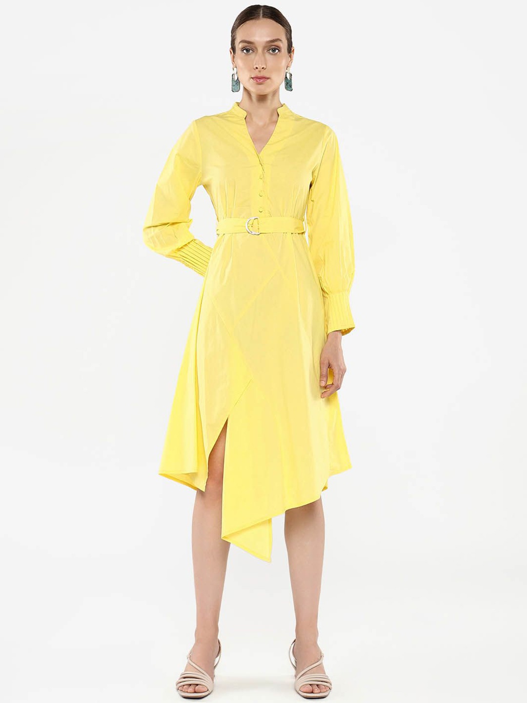 

RAREISM Women Solid Mandarin Collar Cuffed Sleeves Fit & Flare Midi Dress, Yellow