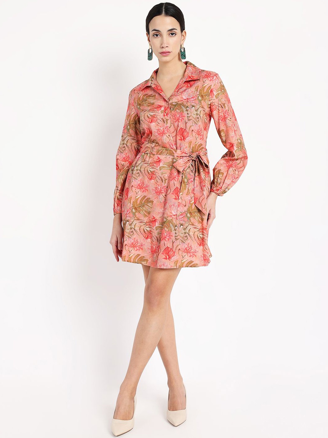 

RAREISM Floral Printed Shirt Collar Cuffed Sleeves Shirt Dress, Pink