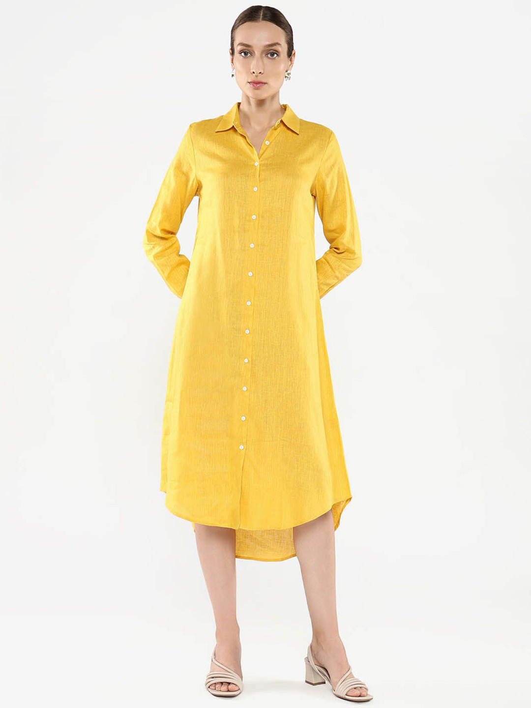 

RAREISM Shirt Collar Long Sleeves Midi Dress, Yellow