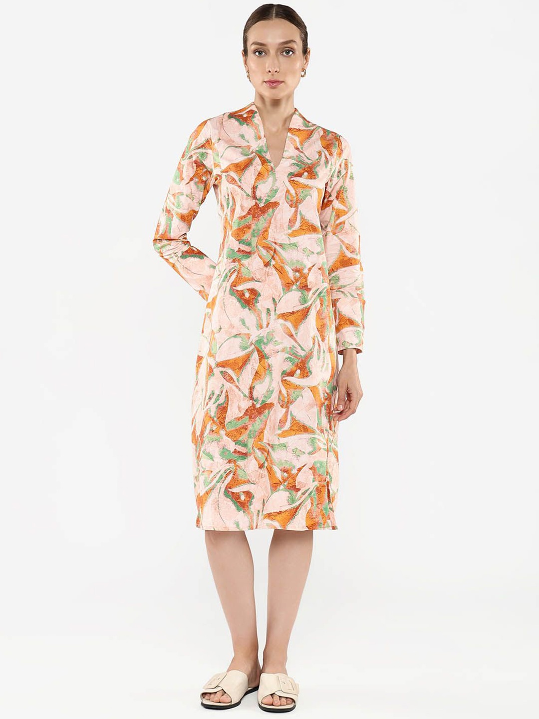 

RAREISM Women Printed V-Neck Long Sleeves A-Line Dress, Orange