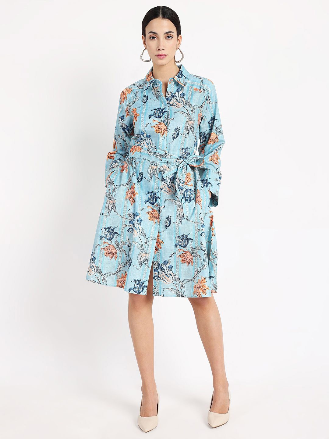 

RAREISM Women Floral Printed Flared Sleeves A-Line Dress, Blue