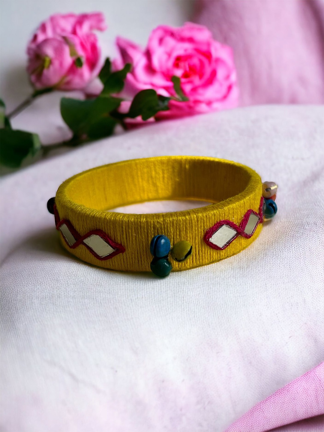 

JEWELWATI Mirror & Embellished Kada Bangle, Yellow