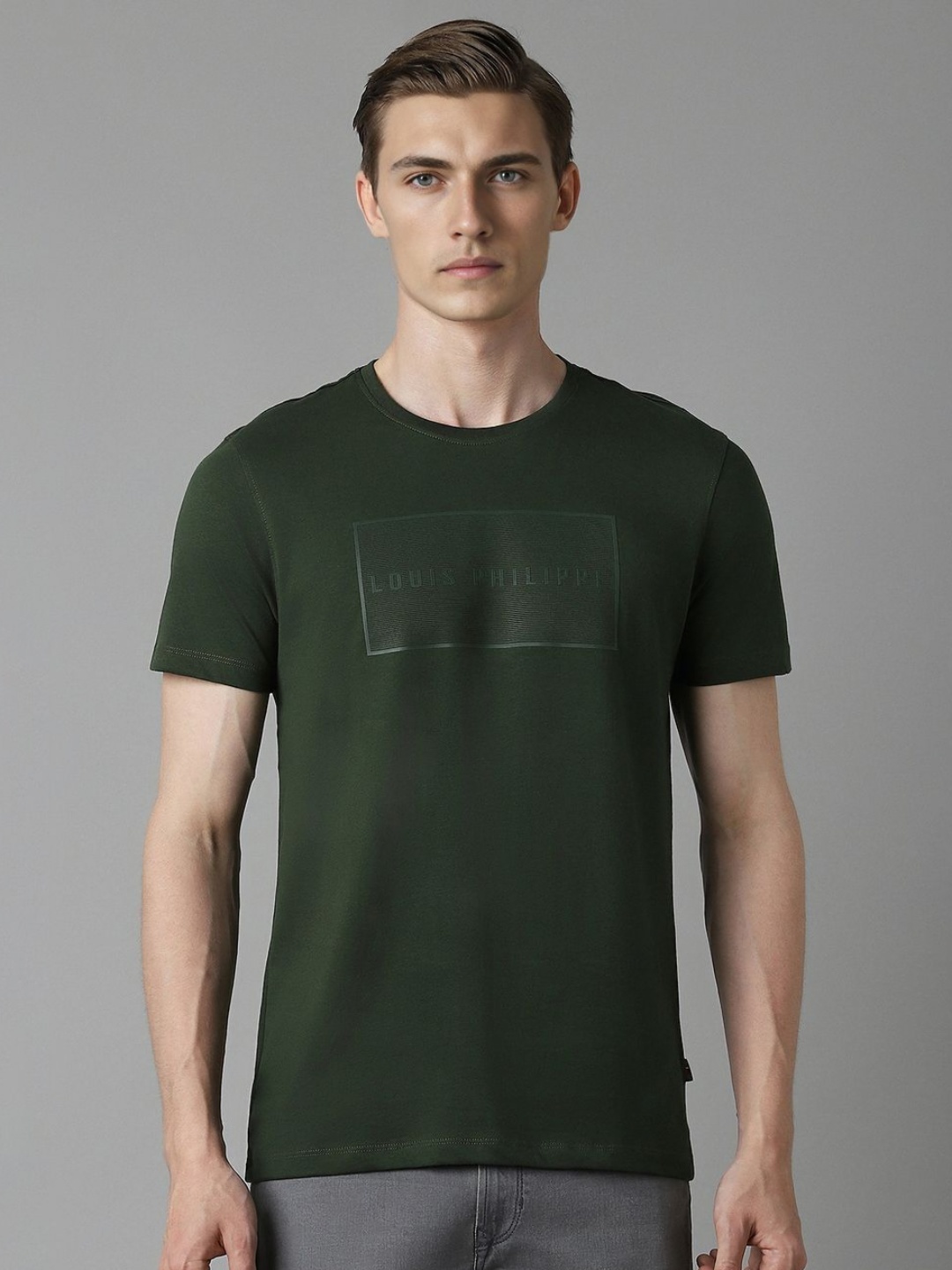

Louis Philippe Jeans Men Typography Printed Round Neck Cotton Slim Fit T-Shirt, Olive
