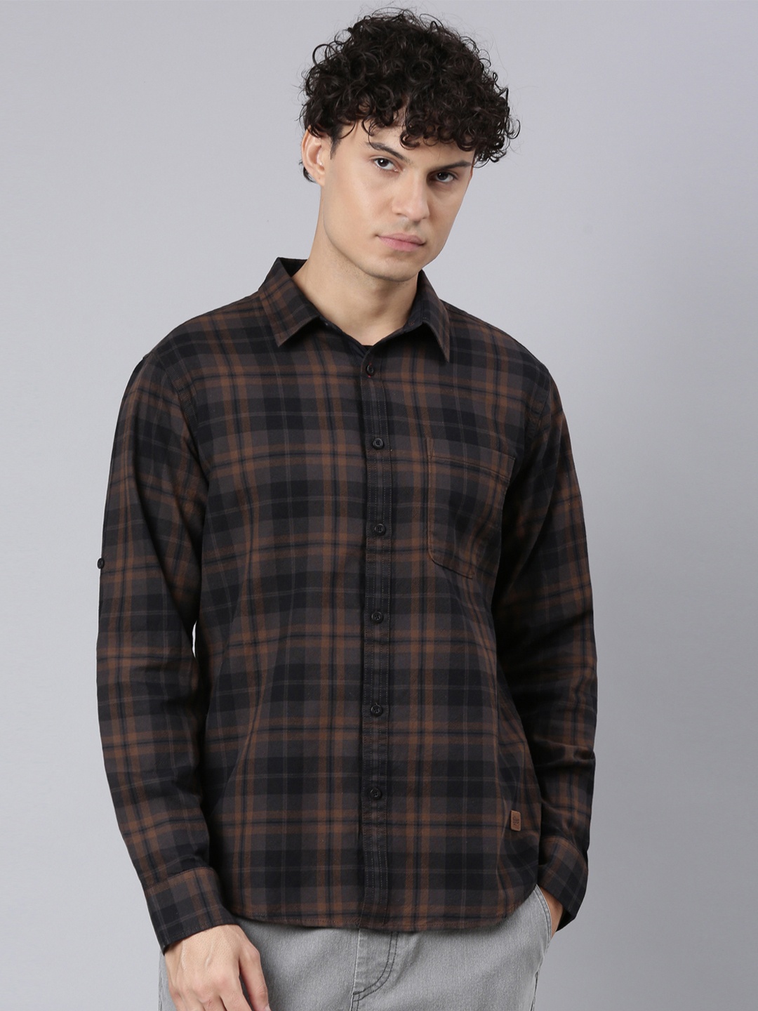 

The Roadster Lifestyle Co Checked Pure Cotton Relaxed Fit Long Sleeves Shirt, Brown