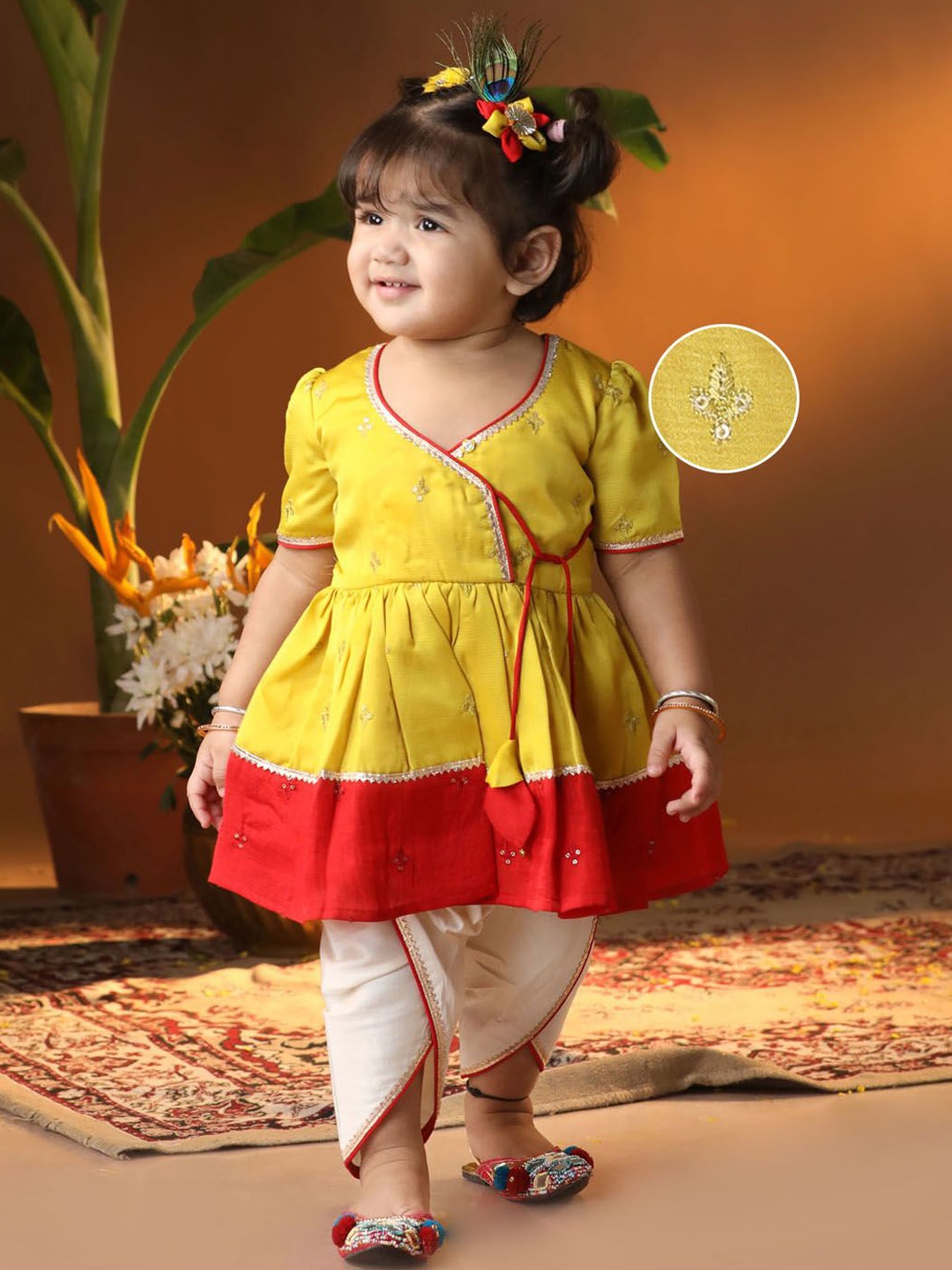 

VASTRAMAY Infants Floral Embroidered Angrakha Anarkali Kurta With Dhoti Pants, Yellow