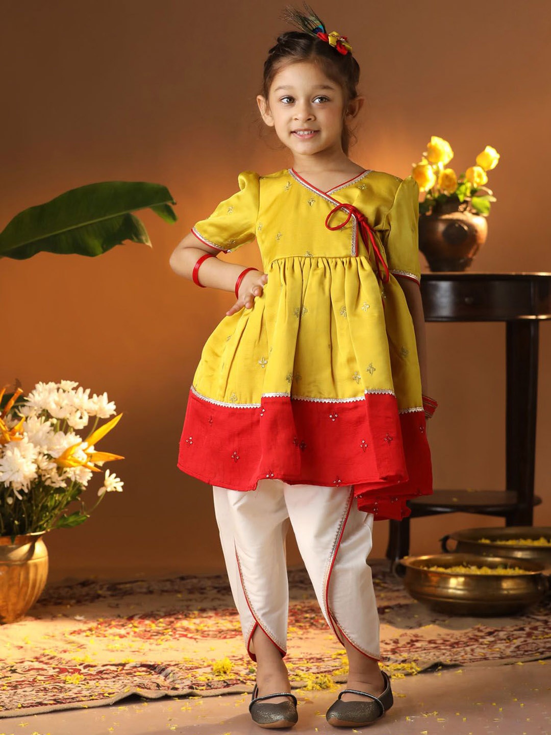 

VASTRAMAY Girls Floral Embroidered Angrakha Sequinned Anarkali Kurta With Dhoti Pants, Yellow