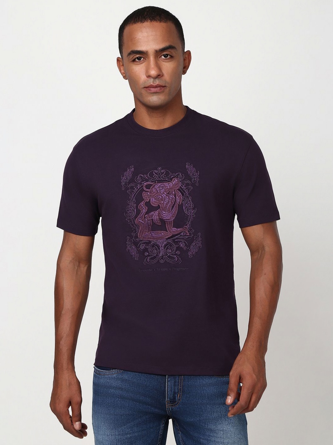 

Peter England Casuals Men Graphic Printed Round Neck Cotton T-Shirt, Purple