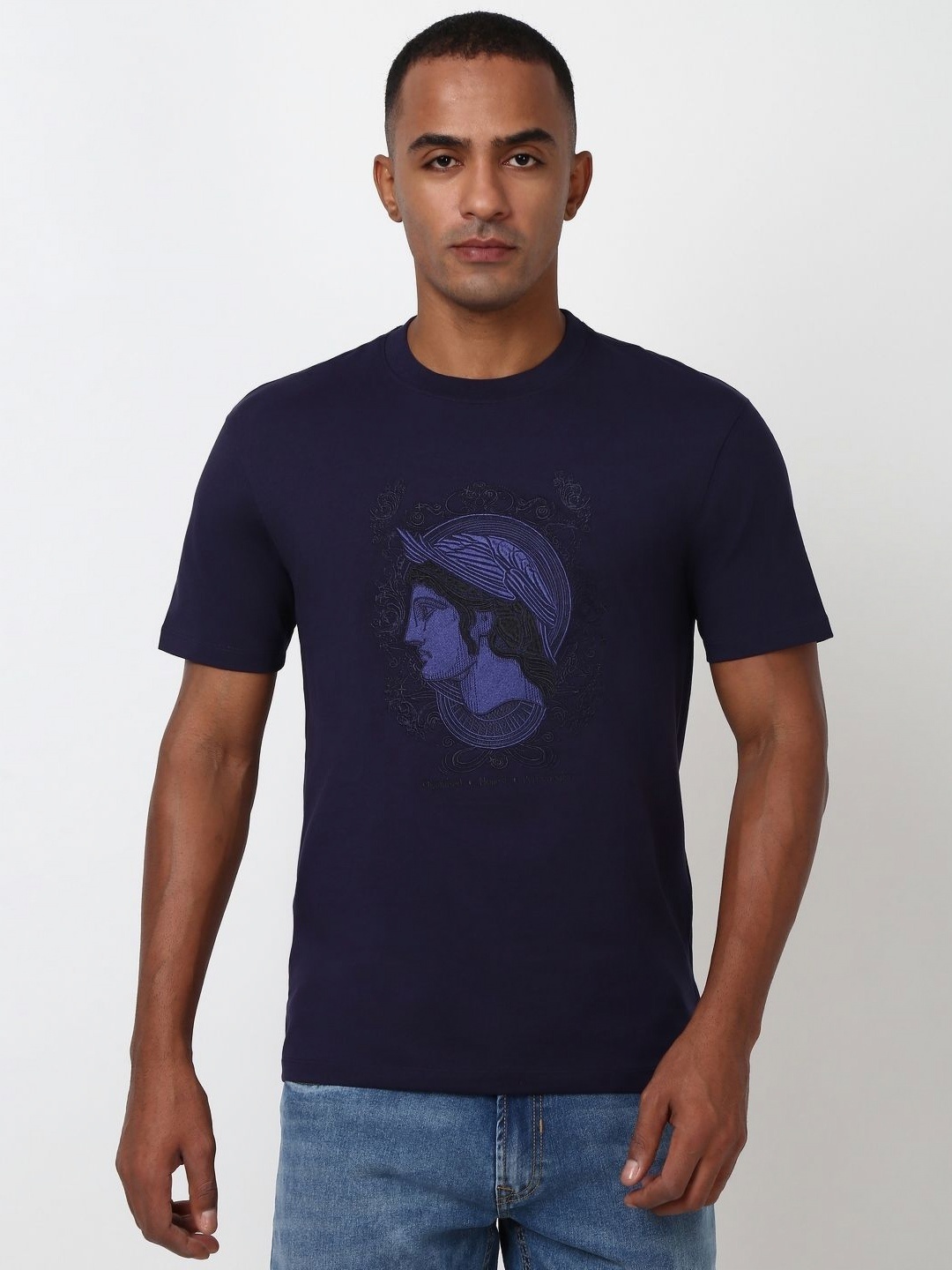 

Peter England Casuals Men Graphic Printed Round Neck Cotton T-Shirt, Navy blue