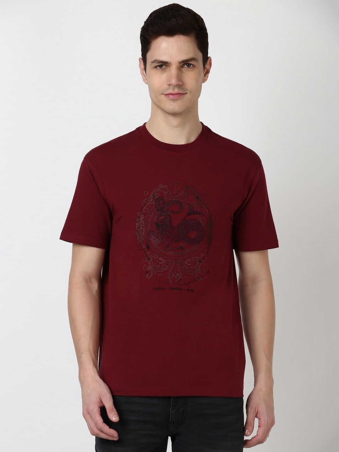 

Peter England Casuals Men Graphic Printed Round Neck Cotton T-Shirt, Maroon