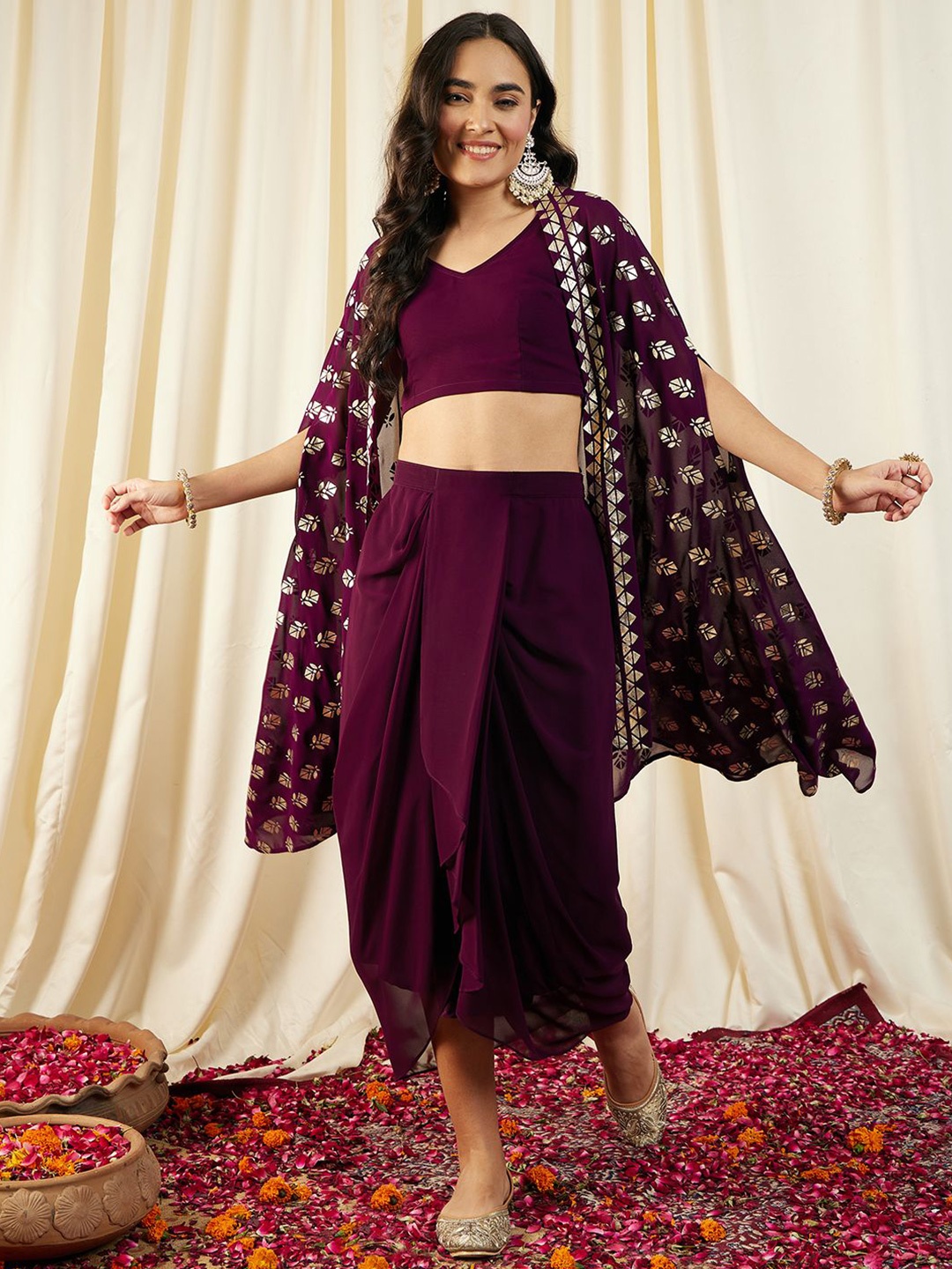 

MABISH by Sonal Jain Crop Top with Draped Skirt And Printed Cape, Maroon