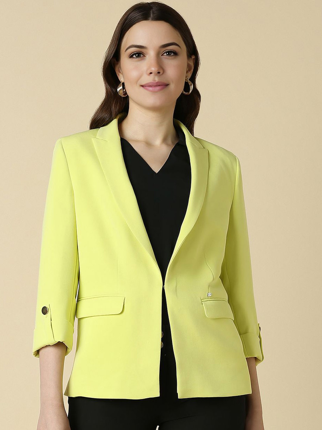 

Allen Solly Woman Notched Lapel Long Sleeves Single-Breasted Formal Blazer, Green