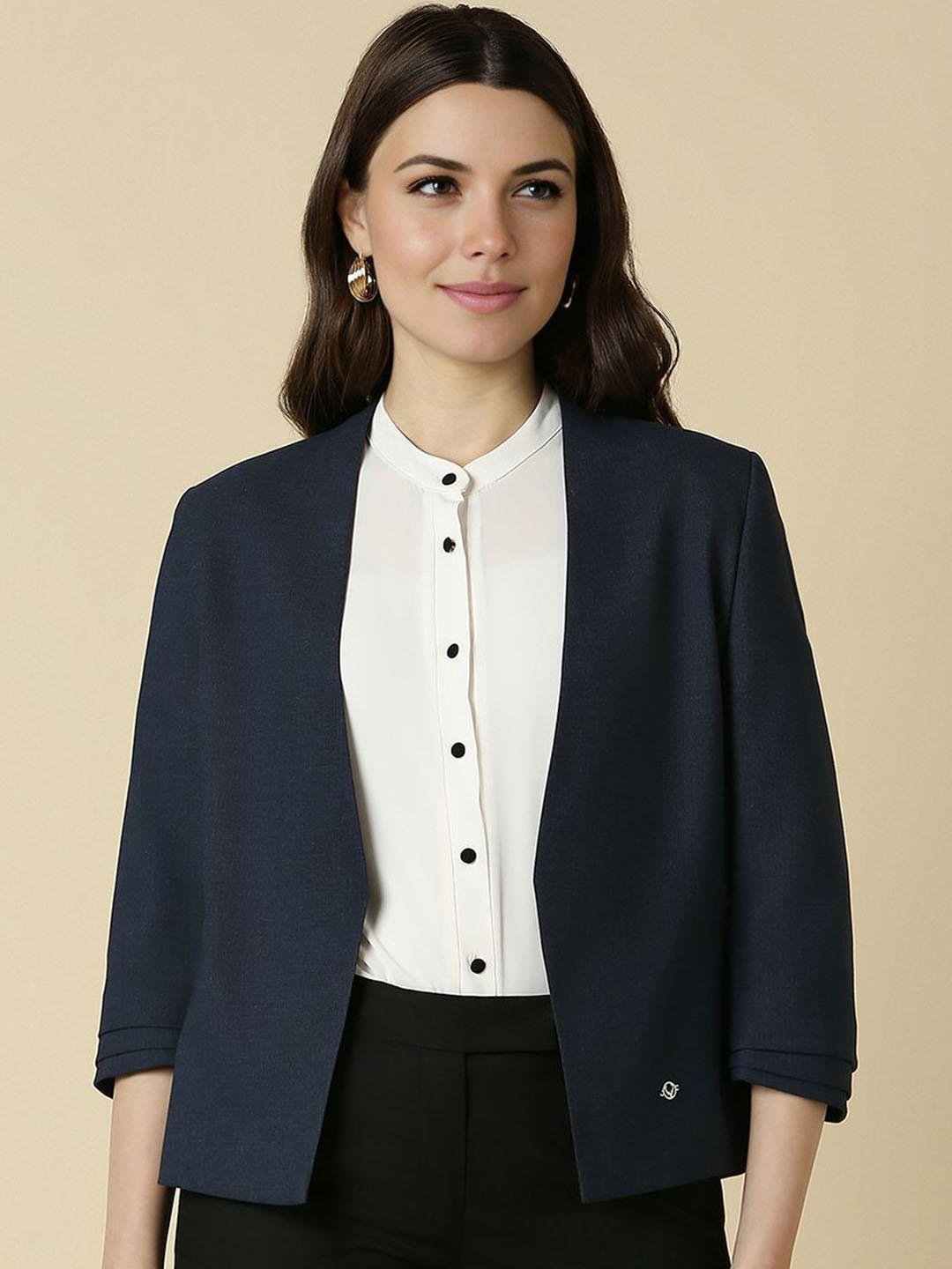 

Allen Solly Woman Shawl Collar Open Front Blazer, Navy blue