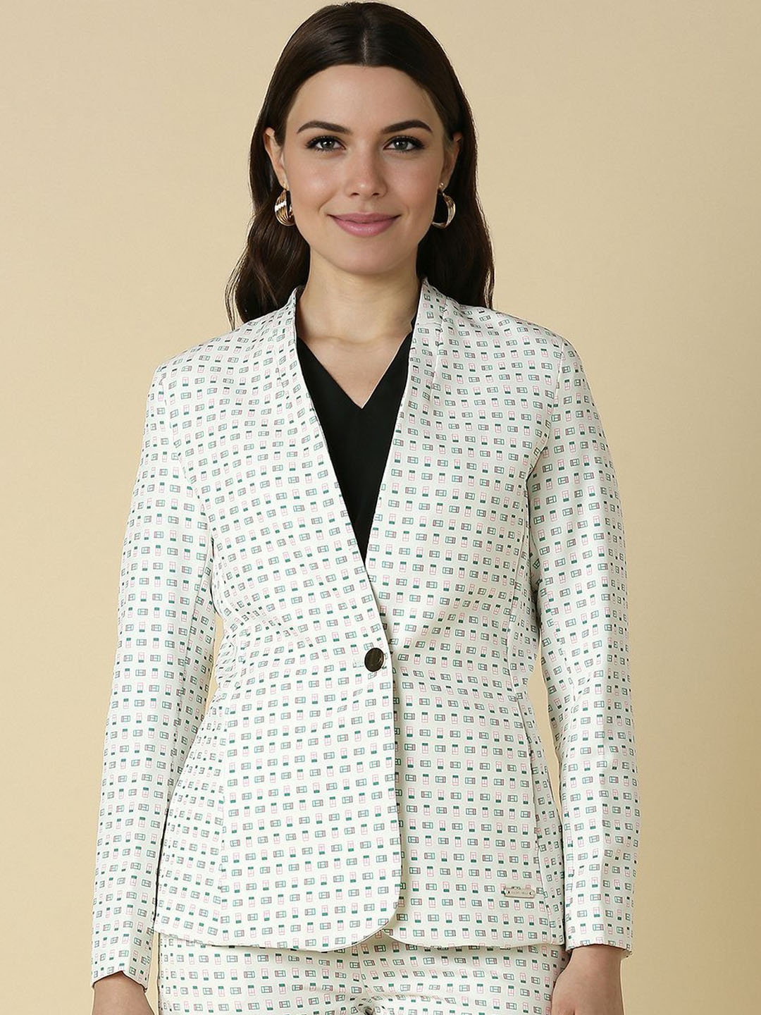 

Allen Solly Woman Printed Shawl Collar Single-Breasted Blazer, Green