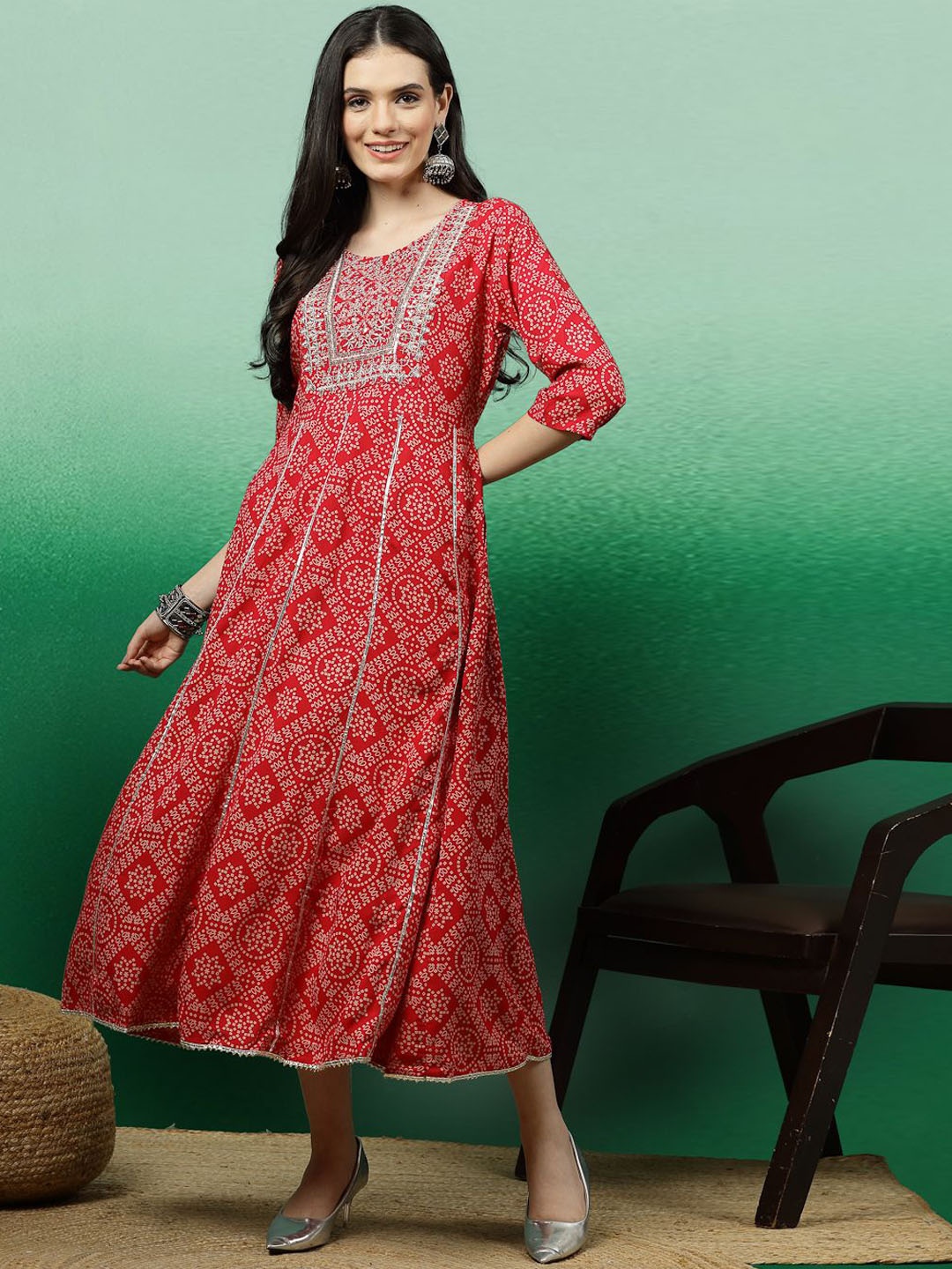 

Sangria Printed With Embroidered A-Line Midi Ethnic Dress, Red