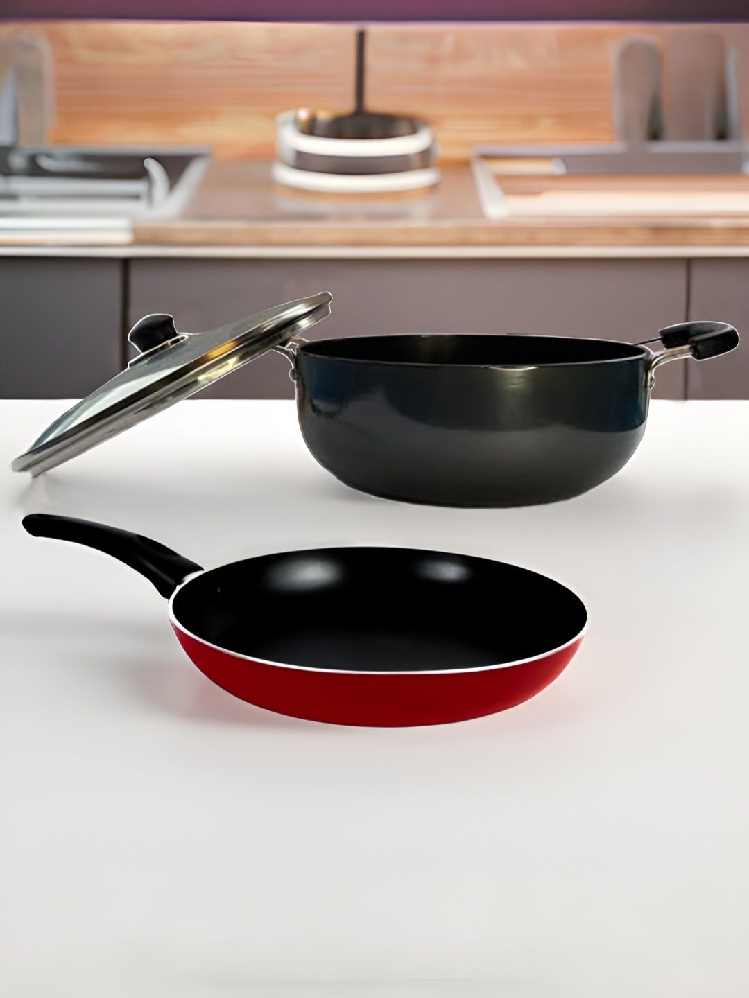 

USHA SHRIRAM Aluminium Fry Pan & Kadhai With Lid, Black