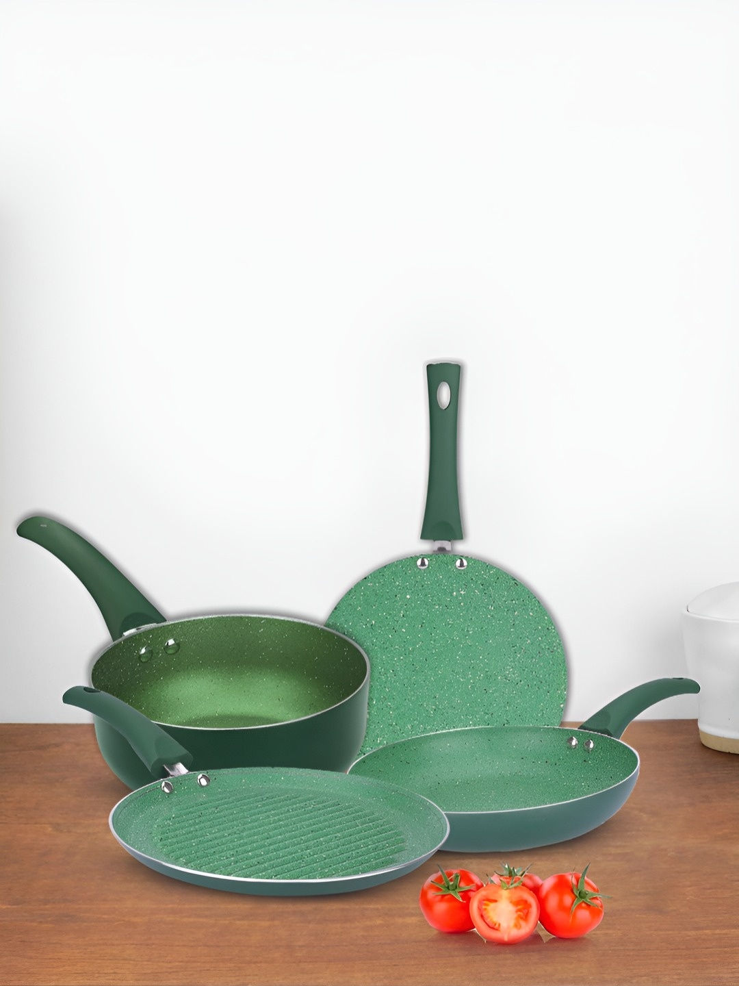 

USHA SHRIRAM Green 4 Pieces Non-Stick Fry Pan With Grill Pan & Sauce Pan