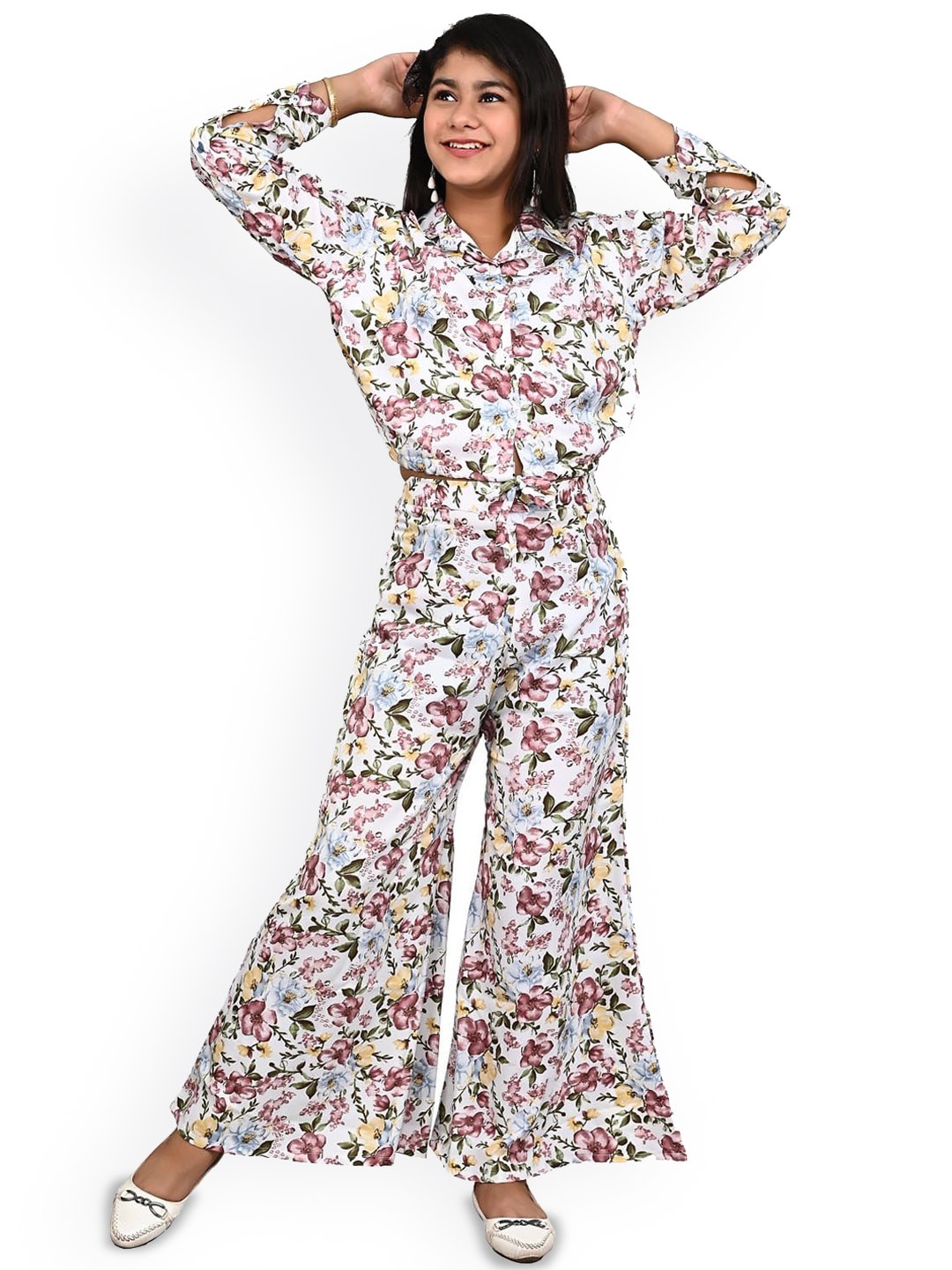 

FELLAMO Girls Floral Printed Shirt with Palazzos, White